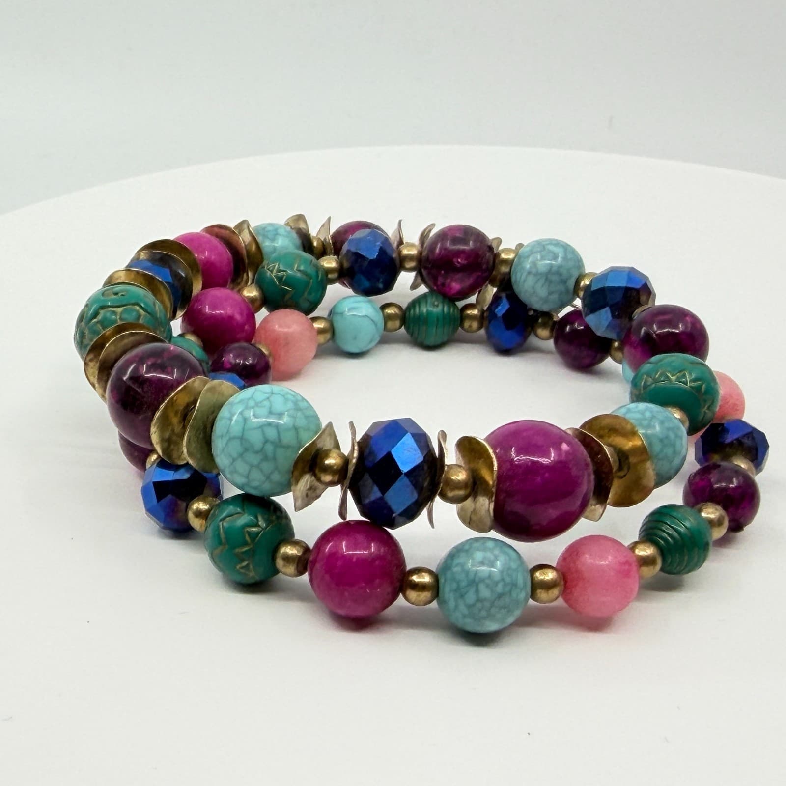Vintage Boho Multi Color Faux Turquoise Beaded Memory Wire Wrap Cuff Bracelet - Thumbnail 7
