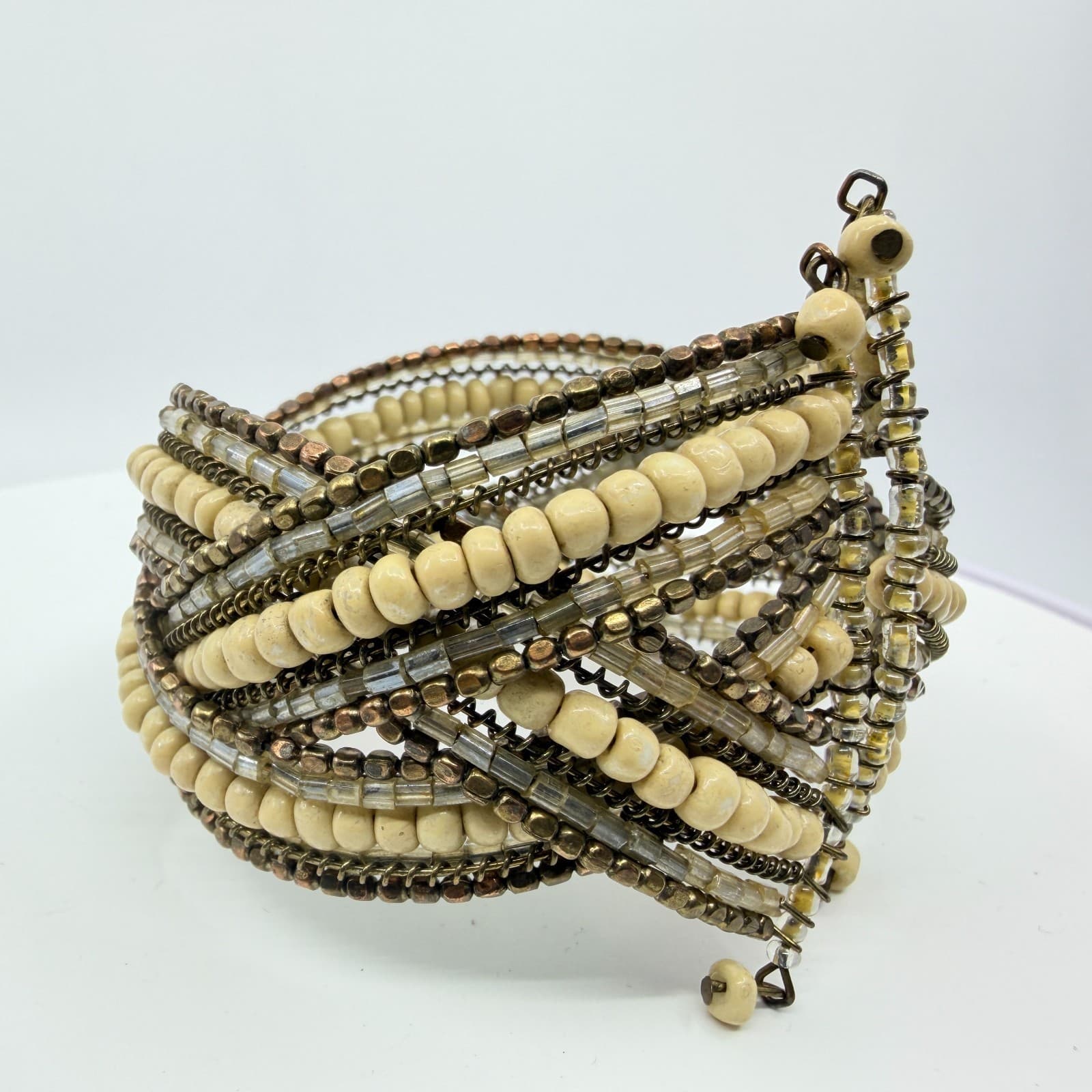 Vintage Multi Strand Beaded Cuff Bracelet Cream Bronze Tone Layered Statement - Thumbnail 7