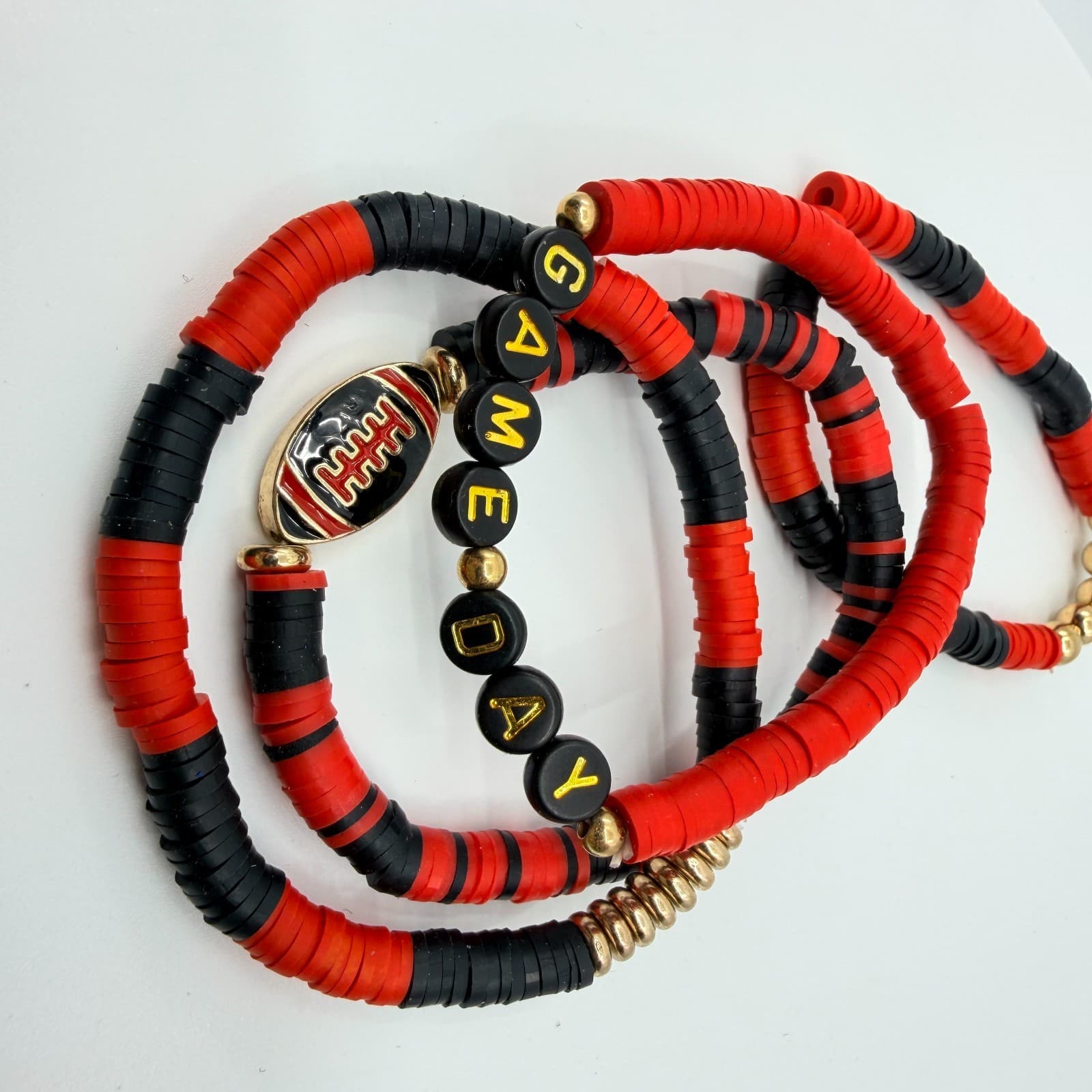 Vintage Game Day Football Touchdown Beaded Stretch Bracelets Red Black Stack Set - Thumbnail 11