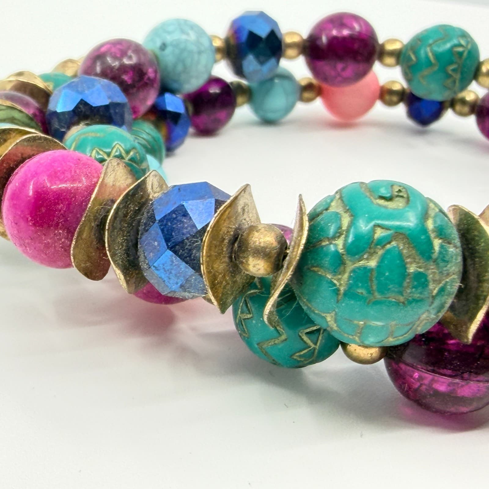 Vintage Boho Multi Color Faux Turquoise Beaded Memory Wire Wrap Cuff Bracelet - Thumbnail 5