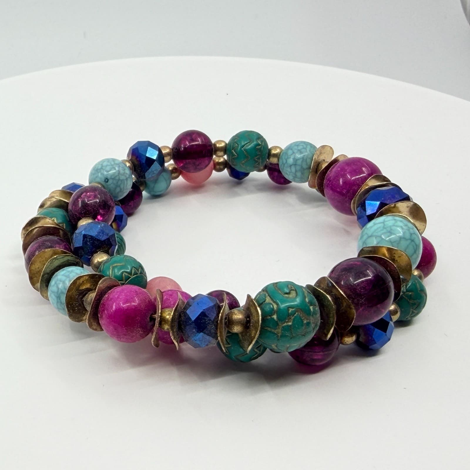 Vintage Boho Multi Color Faux Turquoise Beaded Memory Wire Wrap Cuff Bracelet - Thumbnail 6