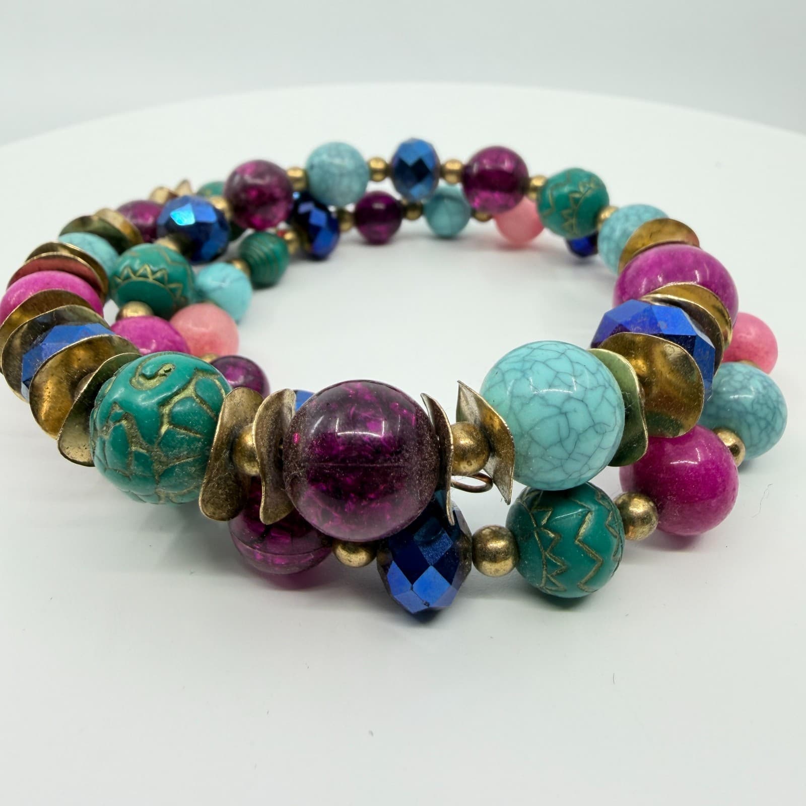 Vintage Boho Multi Color Faux Turquoise Beaded Memory Wire Wrap Cuff Bracelet - Thumbnail 2