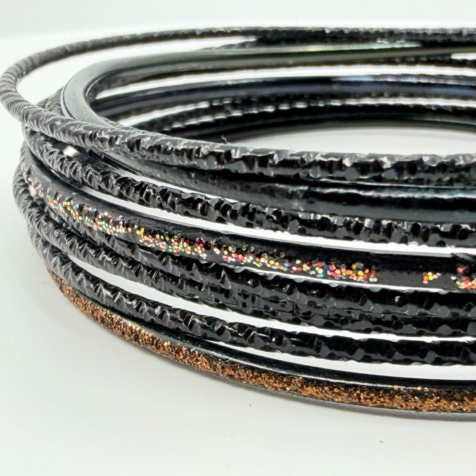 Vintage Black Glitter Textured Stackable Bangle Bracelets Retro Goth 12pc Set - Thumbnail 5