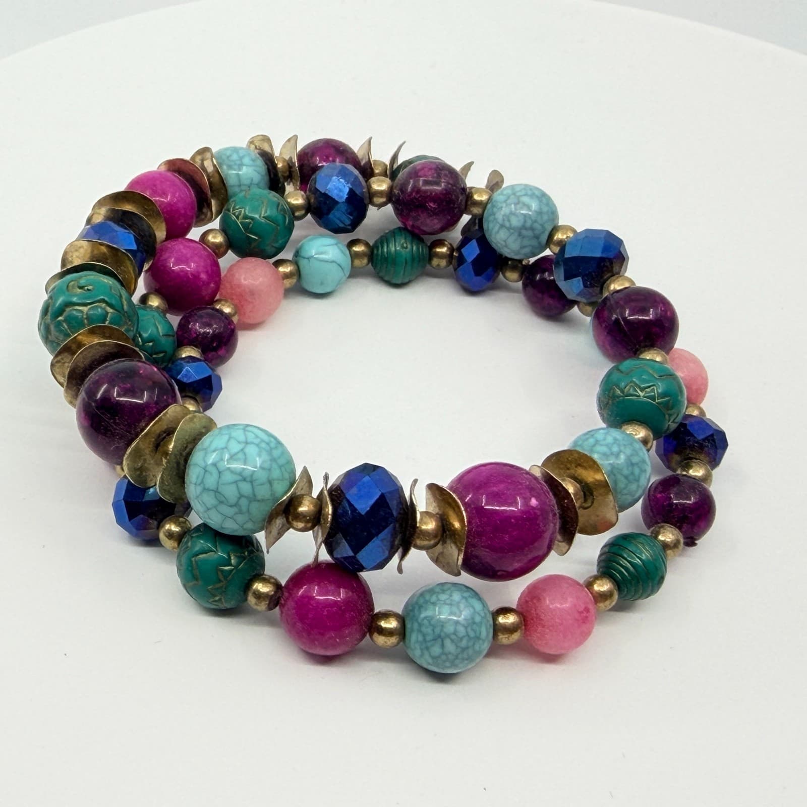 Vintage Boho Multi Color Faux Turquoise Beaded Memory Wire Wrap Cuff Bracelet - Thumbnail 8