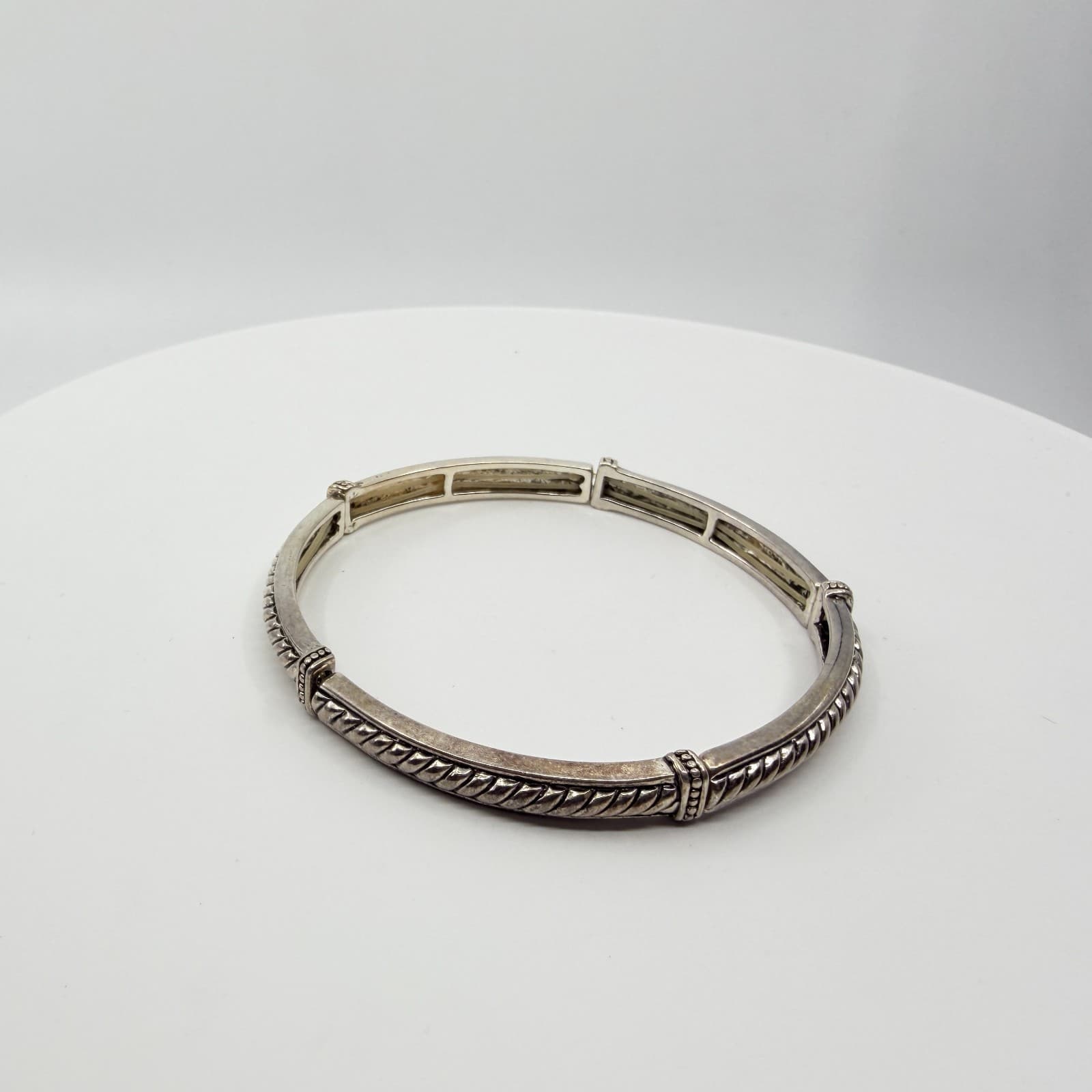 Vintage Silver Tone Twisted Cable Segmented Stretch Bangle Bracelet Boho Classic - Thumbnail 4