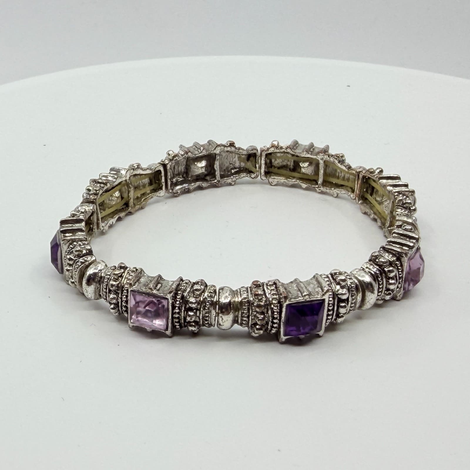 Vintage Y2K Silver Tone Purple Rhinestone Ornate Bali Style Stretch Bracelet - Thumbnail 2