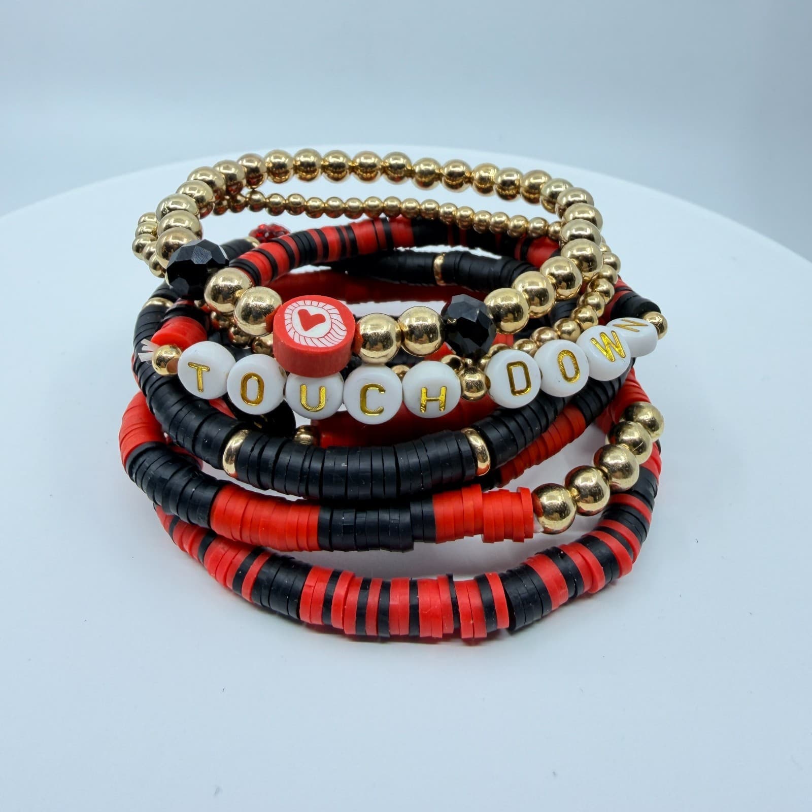 Vintage Game Day Football Touchdown Beaded Stretch Bracelets Red Black Stack Set - Thumbnail 3