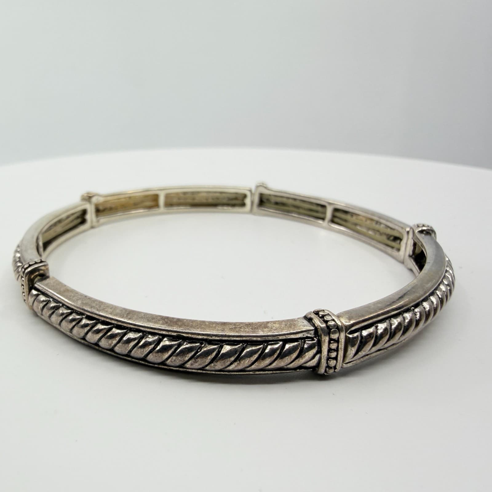 Vintage Silver Tone Twisted Cable Segmented Stretch Bangle Bracelet Boho Classic - Thumbnail 3
