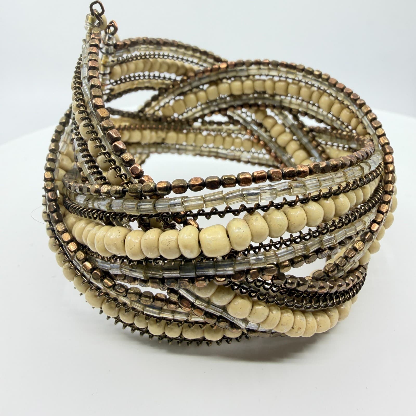 Vintage Multi Strand Beaded Cuff Bracelet Cream Bronze Tone Layered Statement - Thumbnail 2