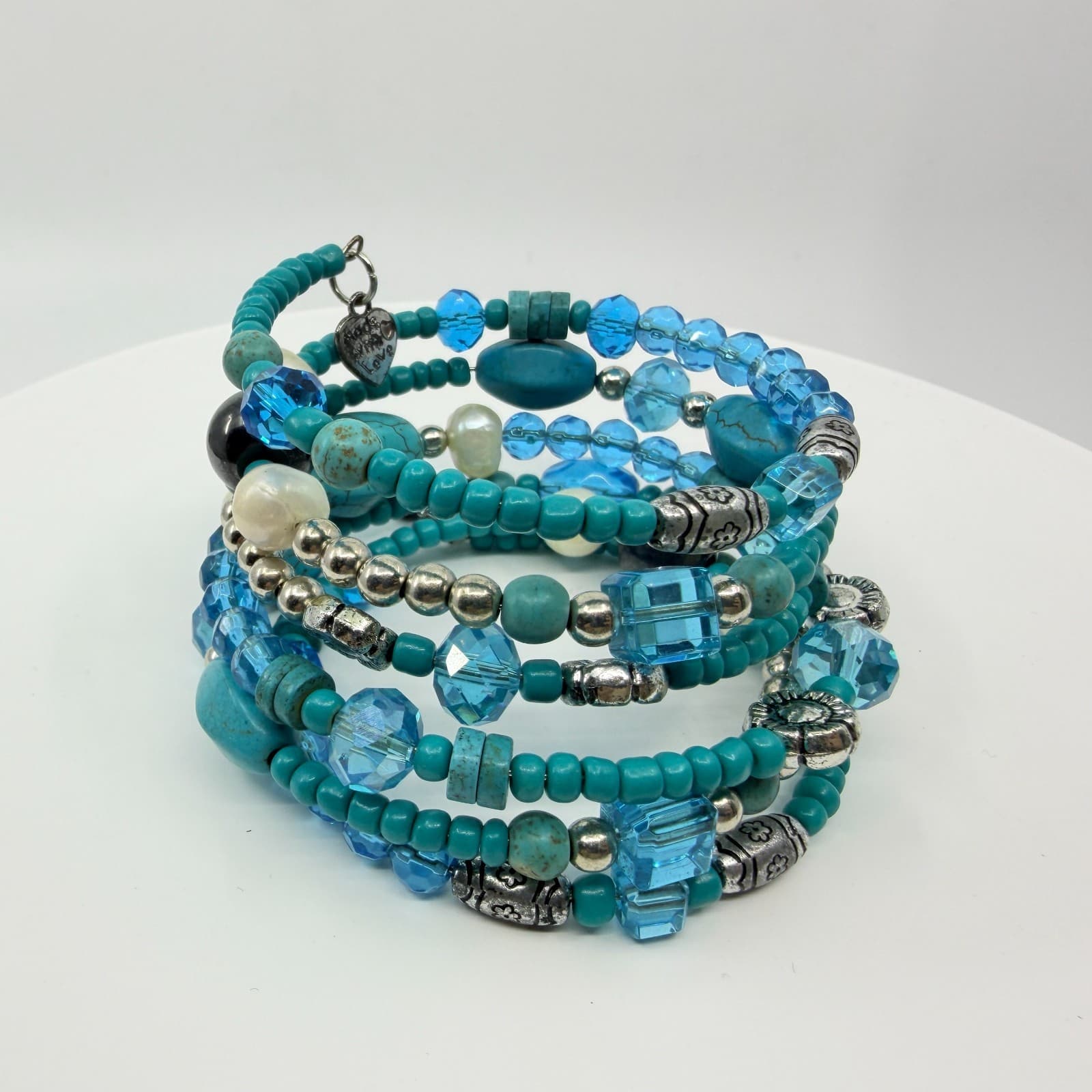 Vintage Faux Turquoise Blue Crystal Bead Multi Layer Stack Wrap Coil Bracelet - Thumbnail 3