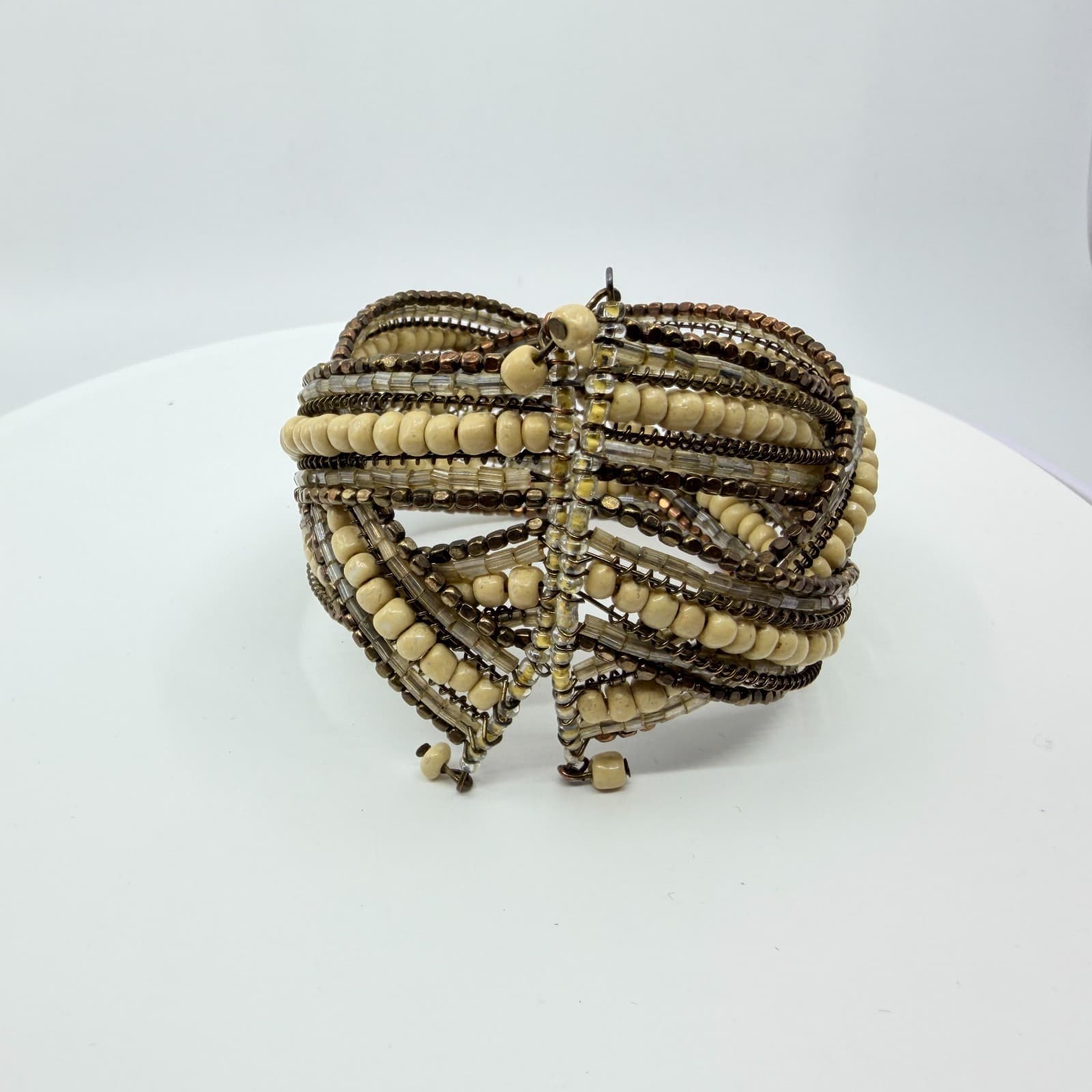 Vintage Multi Strand Beaded Cuff Bracelet Cream Bronze Tone Layered Statement - Thumbnail 9