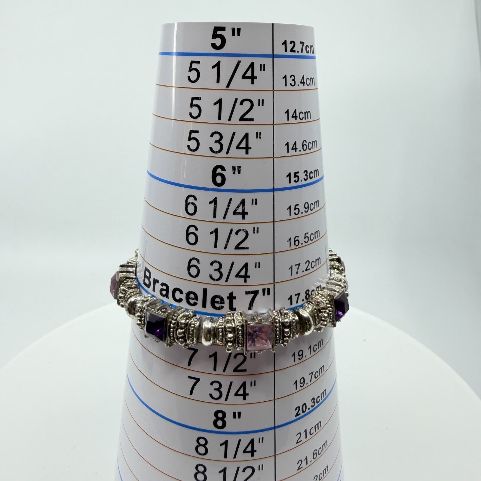 Vintage Y2K Silver Tone Purple Rhinestone Ornate Bali Style Stretch Bracelet - Thumbnail 10
