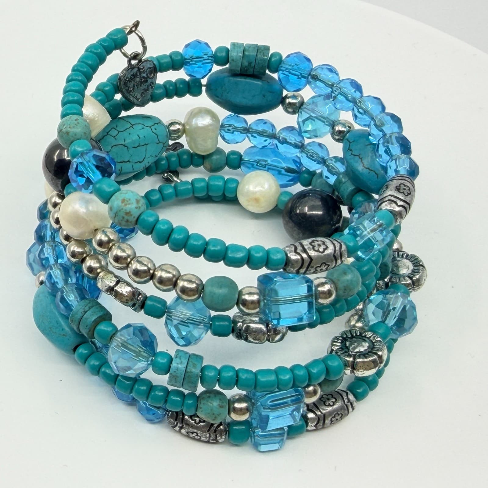 Vintage Faux Turquoise Blue Crystal Bead Multi Layer Stack Wrap Coil Bracelet - Thumbnail 4