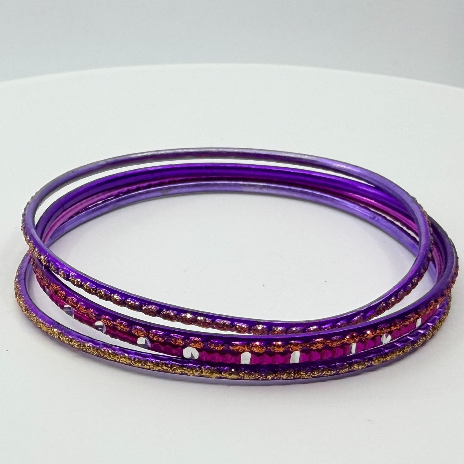 VTG Retro Purple Glitter Stackable Bangle Bracelets Set Gold Tone Accent 4pc - Thumbnail 4