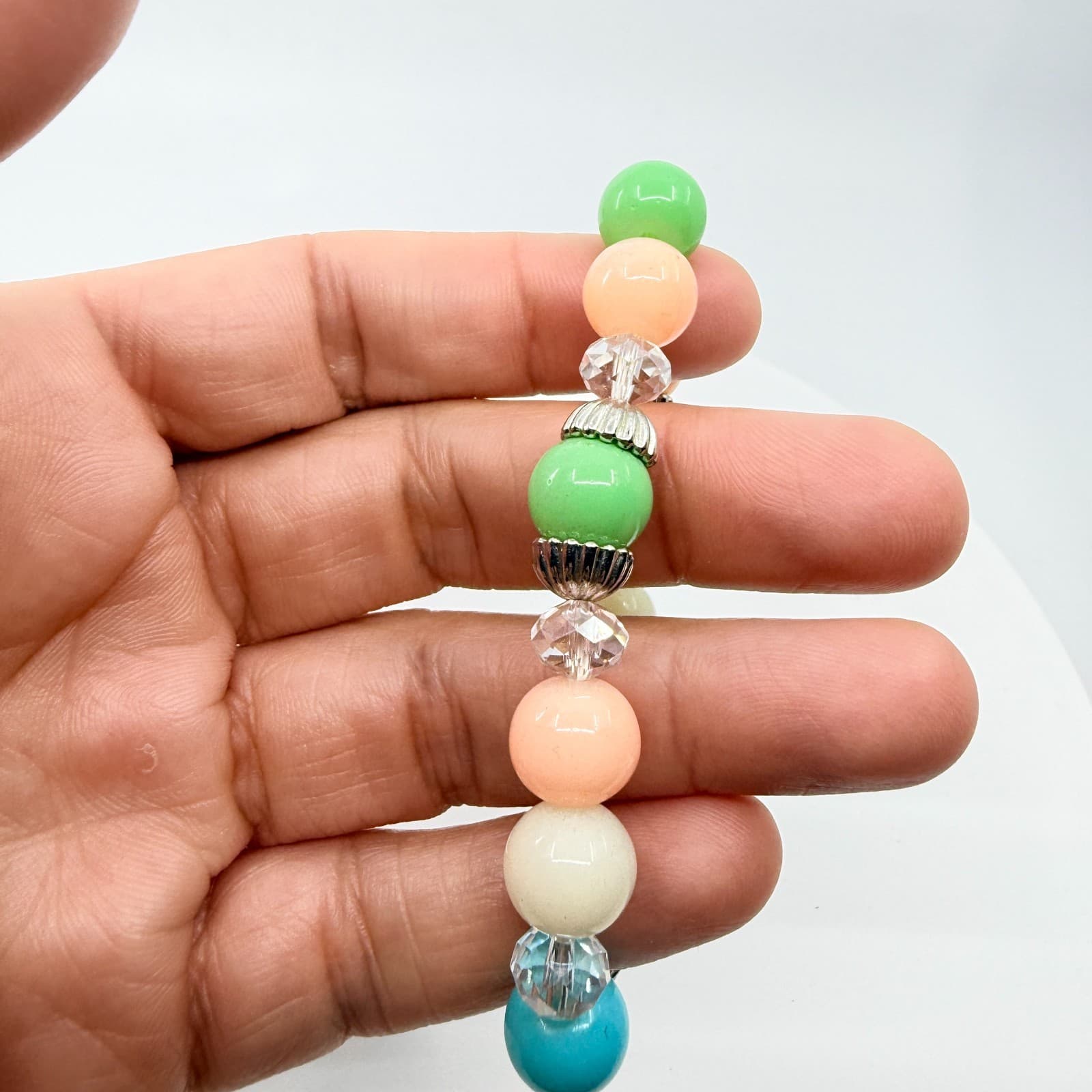 Vintage Pastel Stretch Bracelet Multi Color Lucite Acrylic Beads Silver Tone - Thumbnail 7