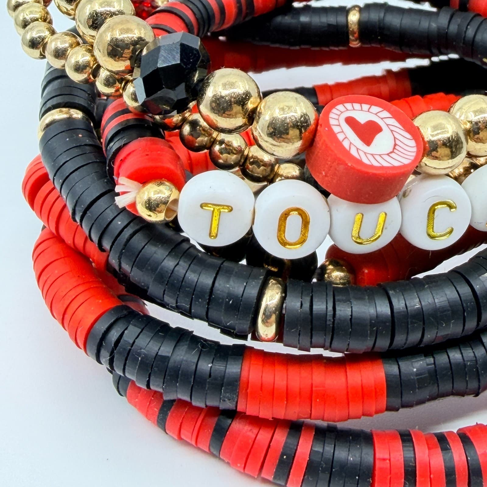 Vintage Game Day Football Touchdown Beaded Stretch Bracelets Red Black Stack Set - Thumbnail 5