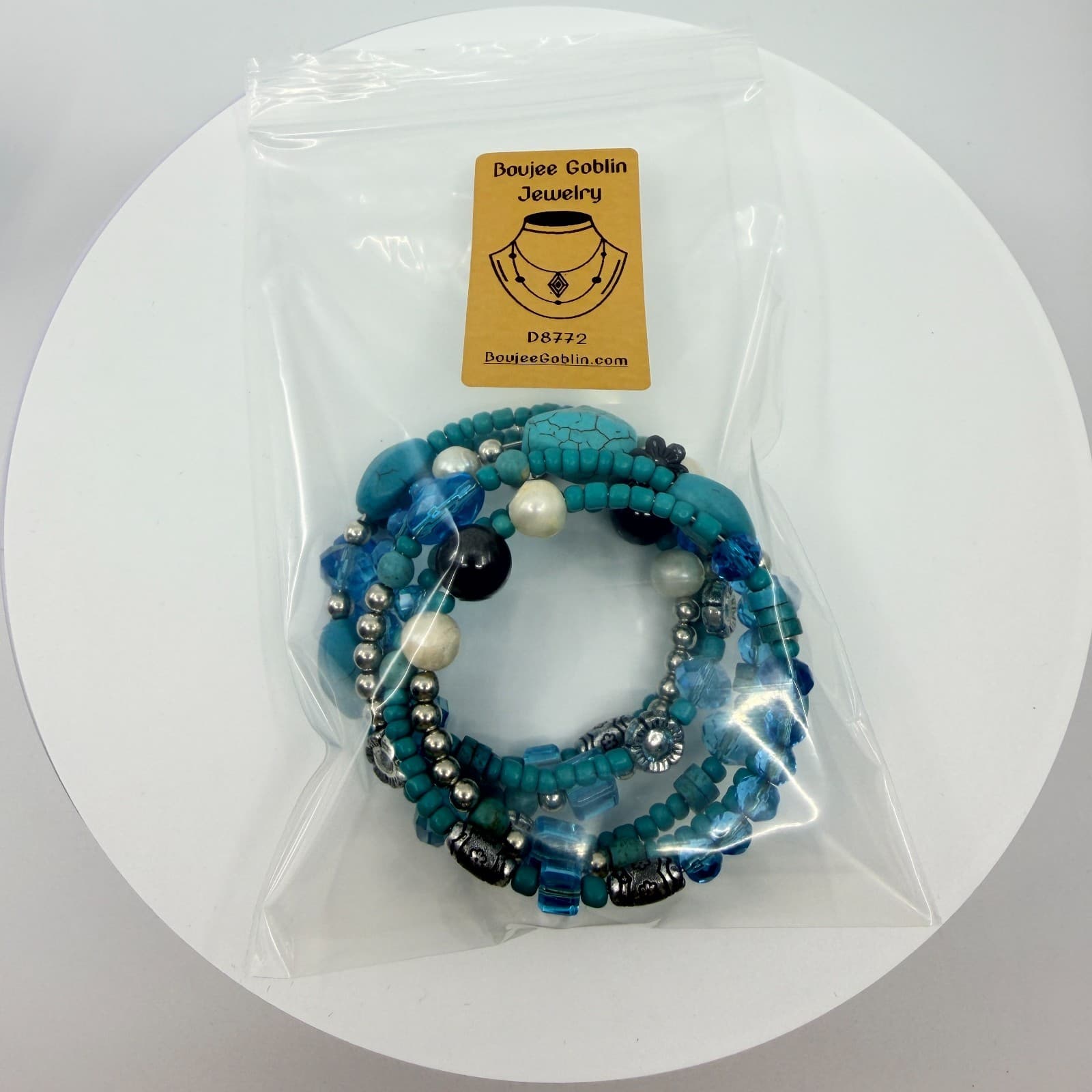 Vintage Faux Turquoise Blue Crystal Bead Multi Layer Stack Wrap Coil Bracelet - Thumbnail 11