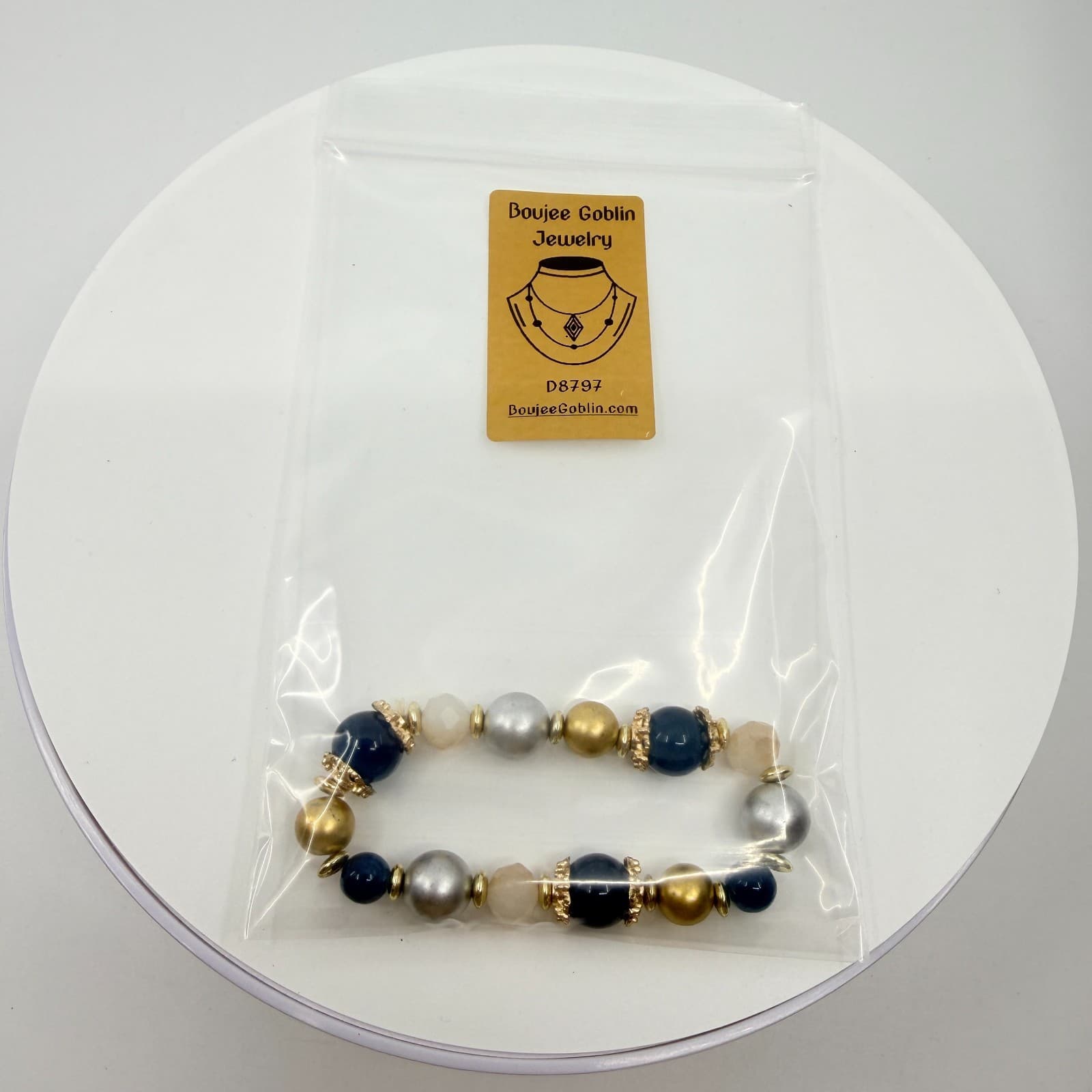 VTG Multi Bead Stretch Bracelet Gold & Silver Tone Blue Chunky Statement Jewelry - Thumbnail 11