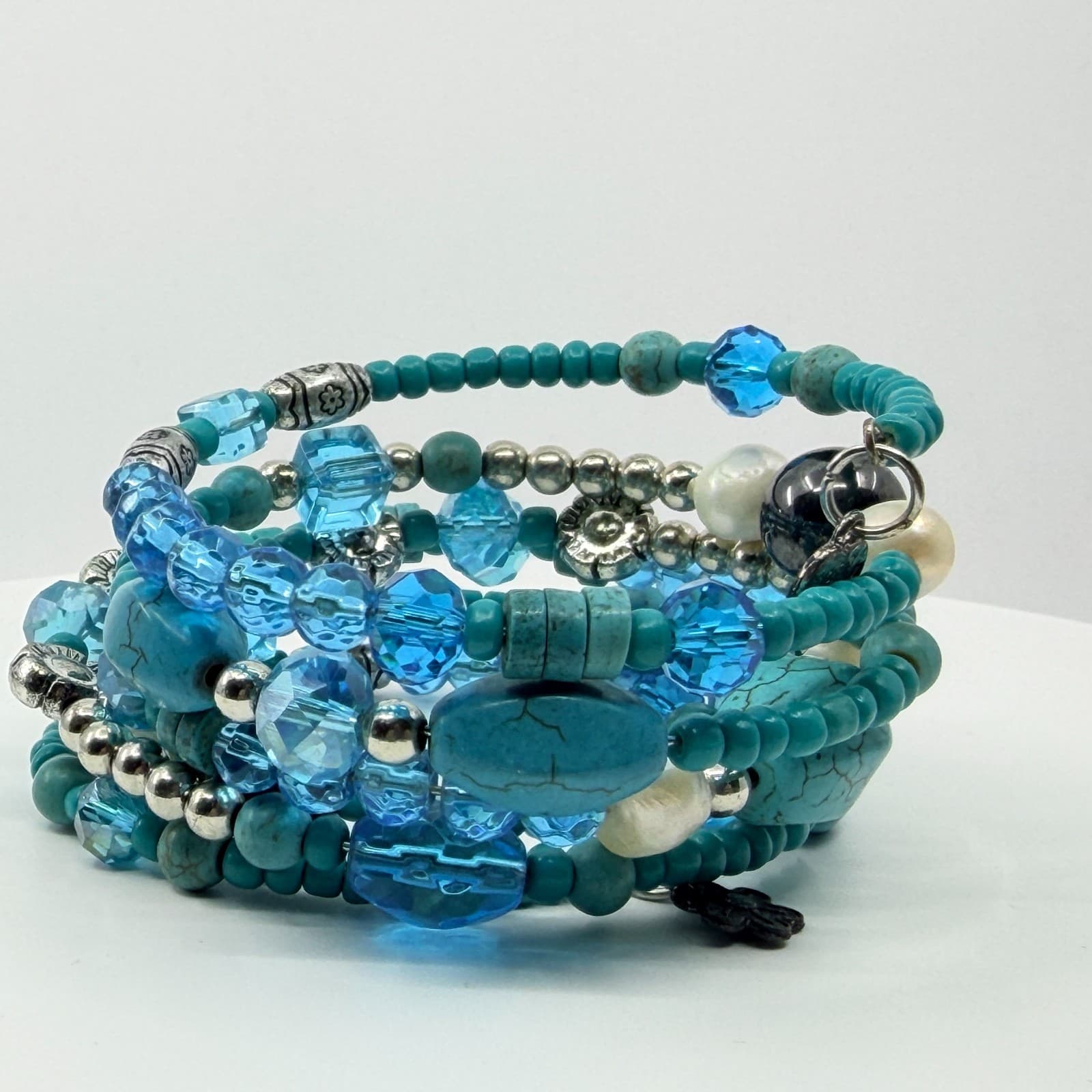 Vintage Faux Turquoise Blue Crystal Bead Multi Layer Stack Wrap Coil Bracelet - Thumbnail 8