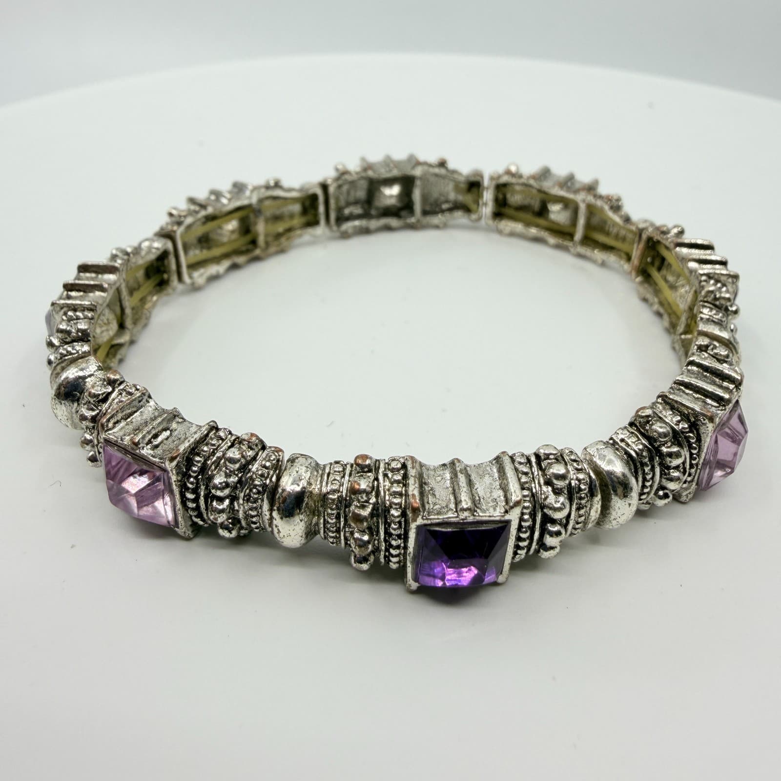 Vintage Y2K Silver Tone Purple Rhinestone Ornate Bali Style Stretch Bracelet - Thumbnail 6