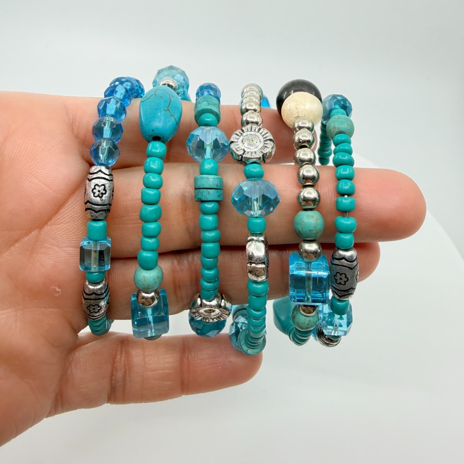 Vintage Faux Turquoise Blue Crystal Bead Multi Layer Stack Wrap Coil Bracelet - Thumbnail 10
