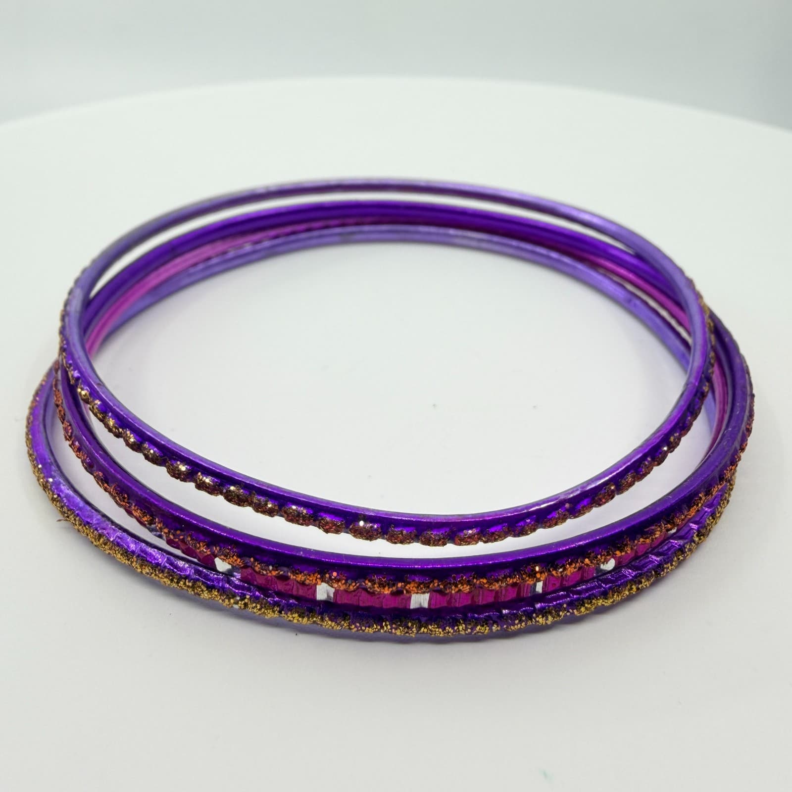 VTG Retro Purple Glitter Stackable Bangle Bracelets Set Gold Tone Accent 4pc - Thumbnail 2