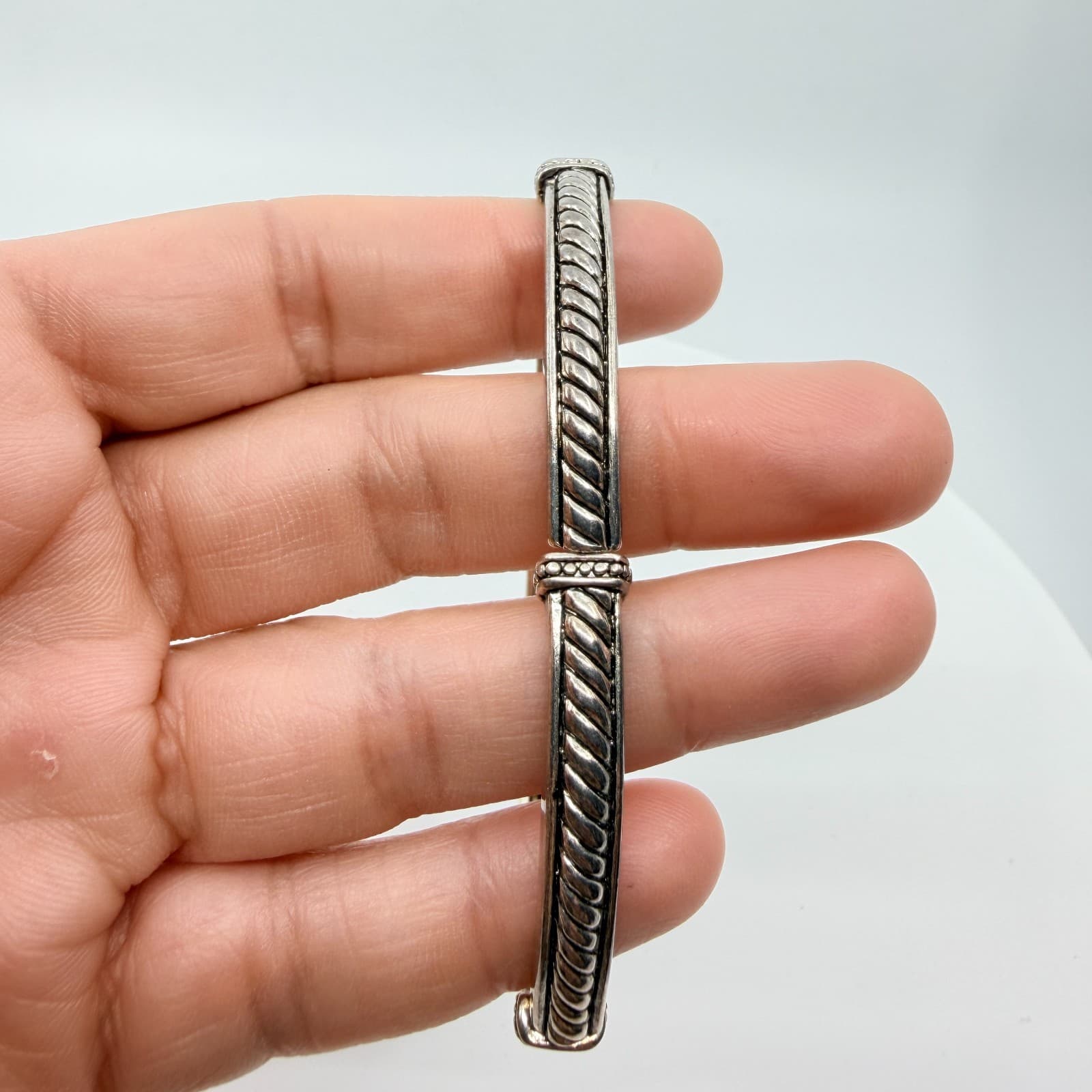 Vintage Silver Tone Twisted Cable Segmented Stretch Bangle Bracelet Boho Classic - Thumbnail 8