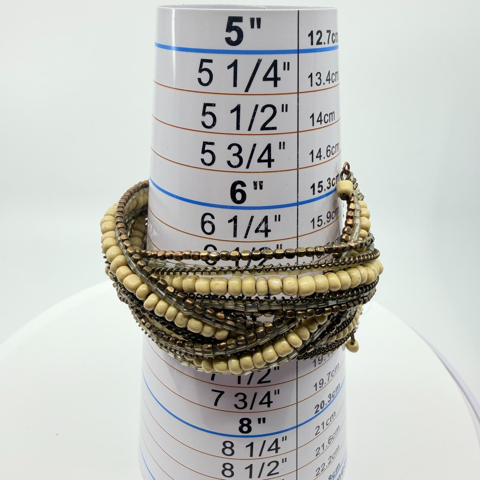 Vintage Multi Strand Beaded Cuff Bracelet Cream Bronze Tone Layered Statement - Thumbnail 12