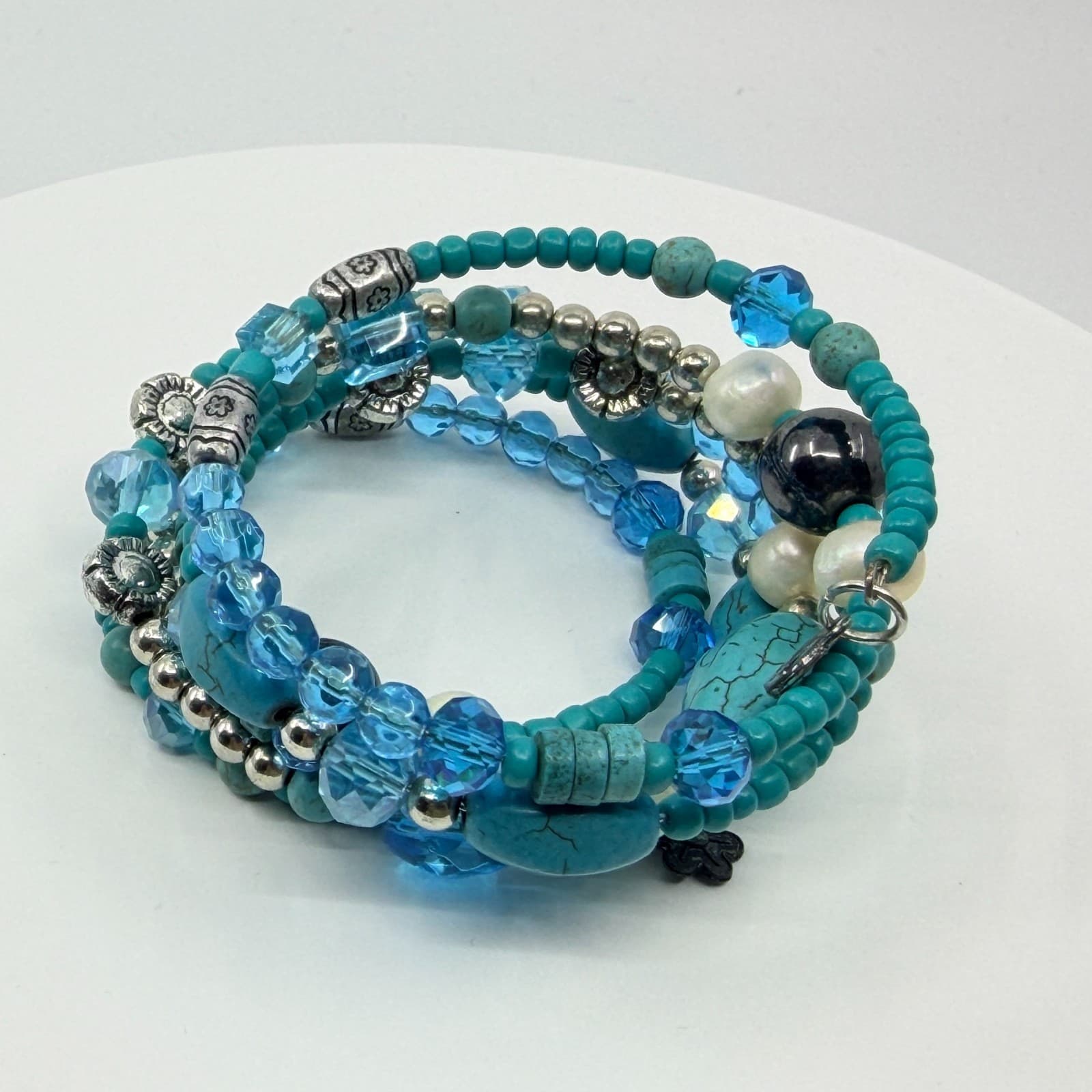 Vintage Faux Turquoise Blue Crystal Bead Multi Layer Stack Wrap Coil Bracelet - Thumbnail 9