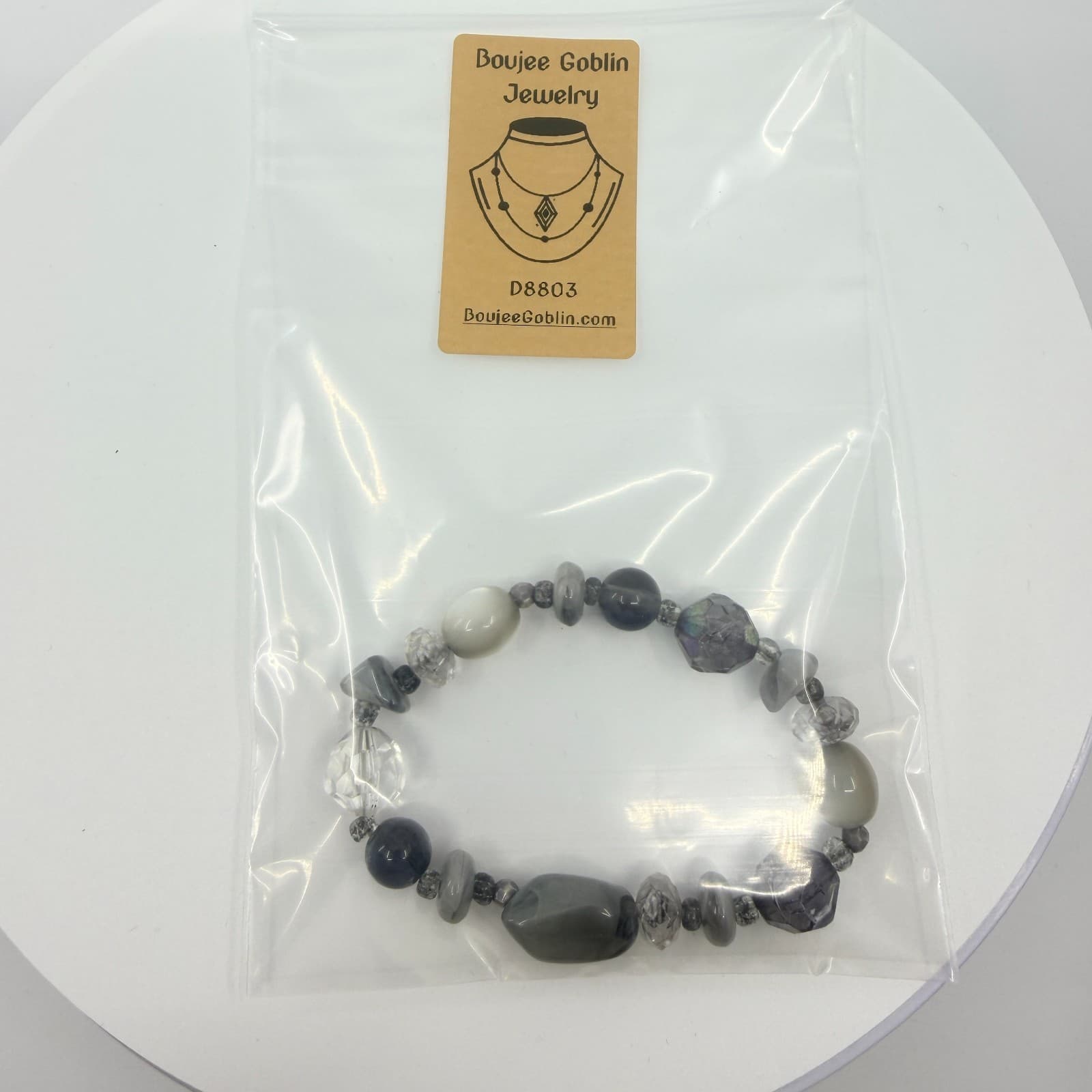 Vintage Y2K Chunky Gray Beaded Stretch Bracelet Clear Faceted Glass Iridescent - Thumbnail 8