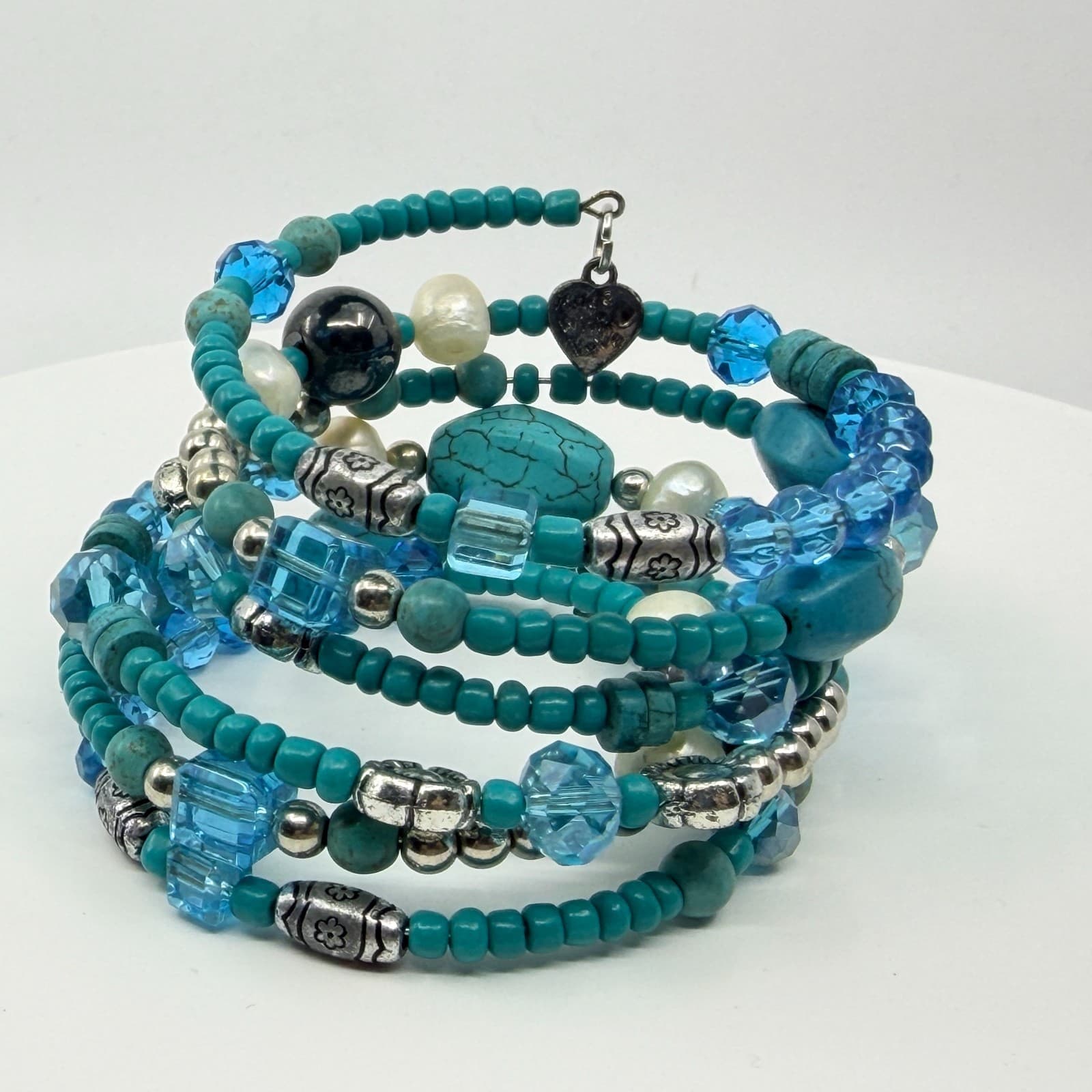 Vintage Faux Turquoise Blue Crystal Bead Multi Layer Stack Wrap Coil Bracelet - Thumbnail 7