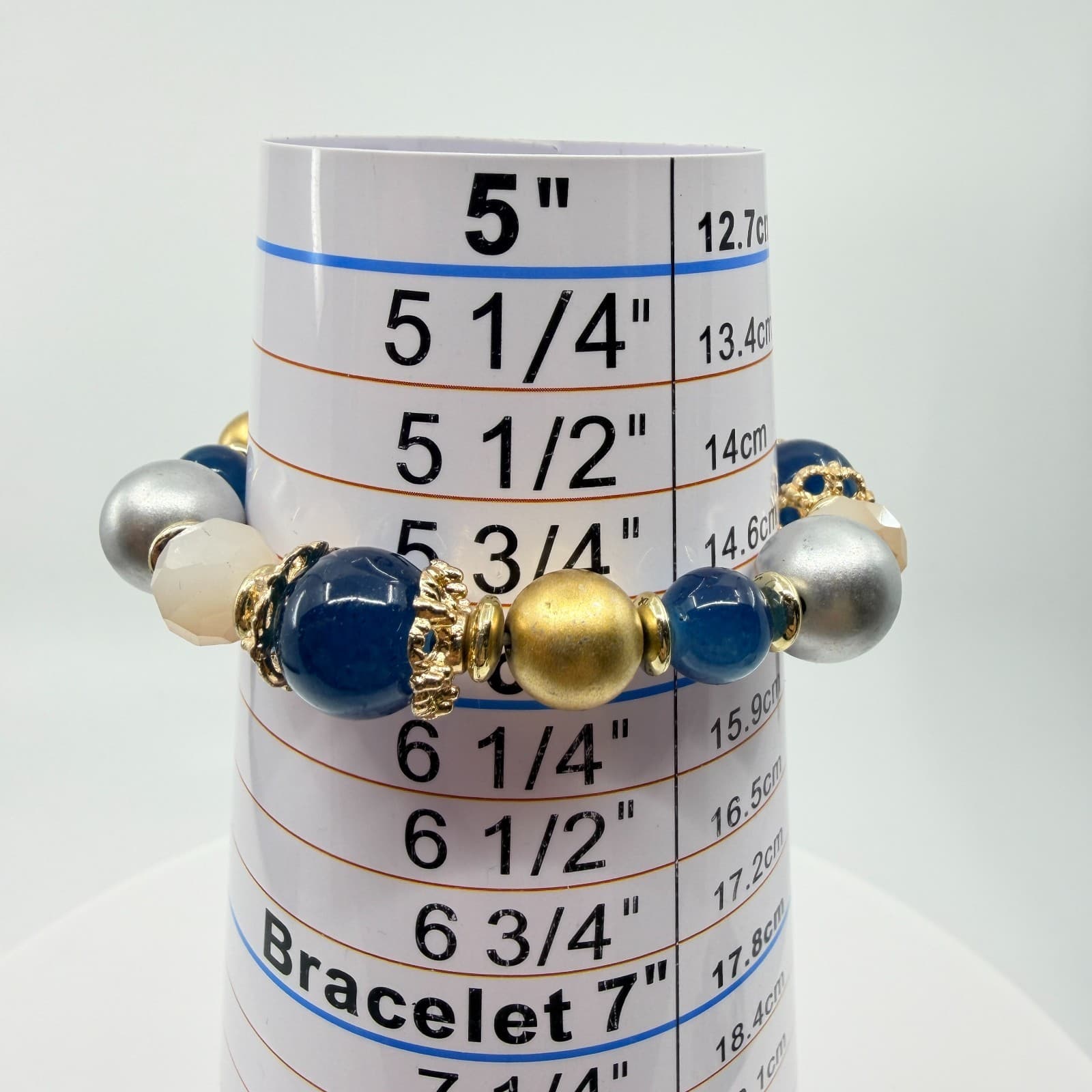 VTG Multi Bead Stretch Bracelet Gold & Silver Tone Blue Chunky Statement Jewelry - Thumbnail 10