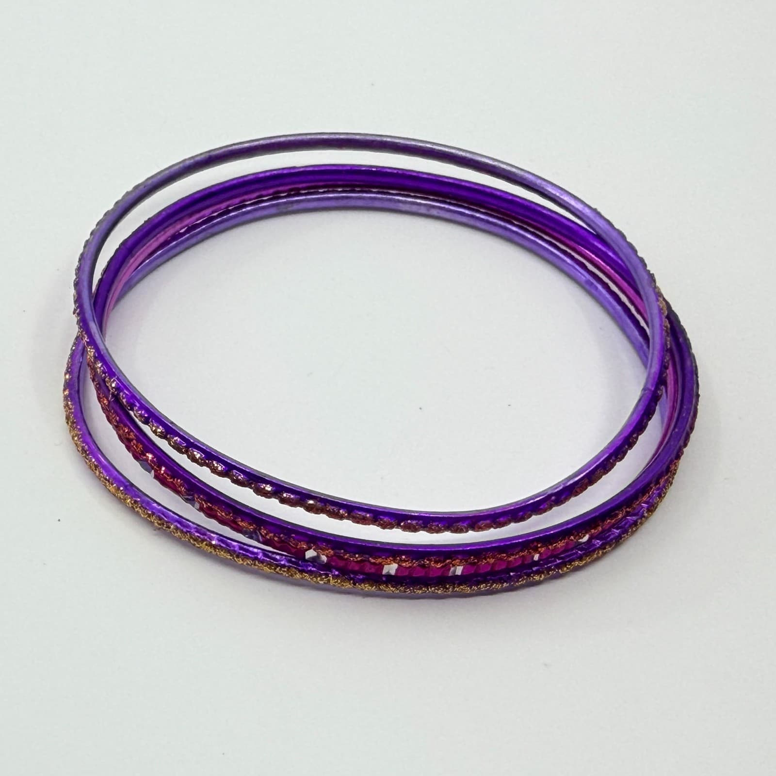 VTG Retro Purple Glitter Stackable Bangle Bracelets Set Gold Tone Accent 4pc - Thumbnail 5