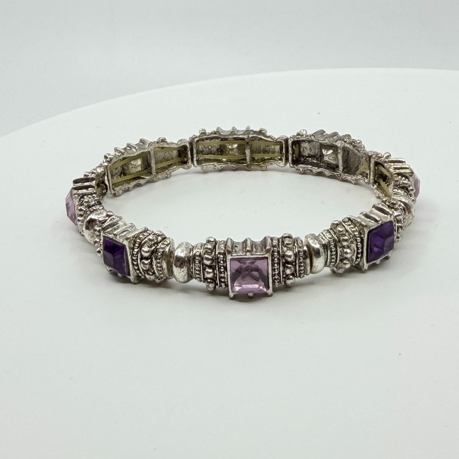 Vintage Y2K Silver Tone Purple Rhinestone Ornate Bali Style Stretch Bracelet - Thumbnail 8