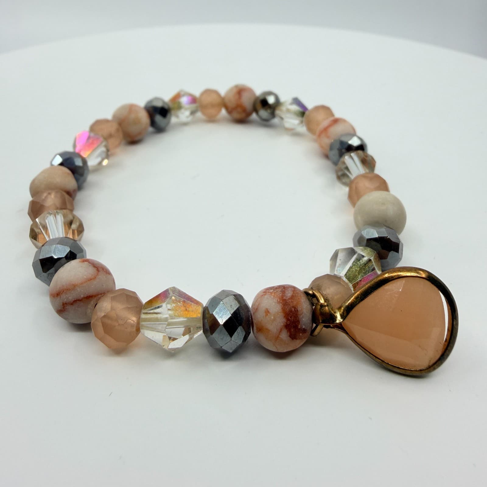 Vintage Peach Beaded Stretch Bracelet Faceted Crystal Teardrop Charm Boho Retro - Thumbnail 2