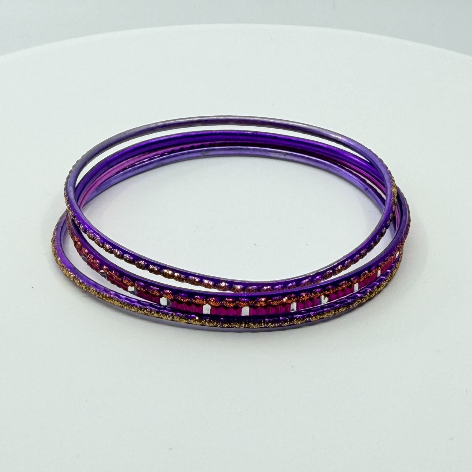 VTG Retro Purple Glitter Stackable Bangle Bracelets Set Gold Tone Accent 4pc - Thumbnail 6