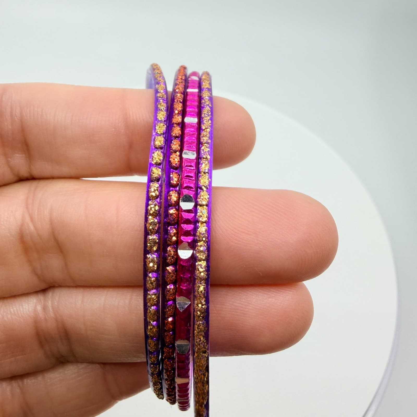 VTG Retro Purple Glitter Stackable Bangle Bracelets Set Gold Tone Accent 4pc - Thumbnail 8