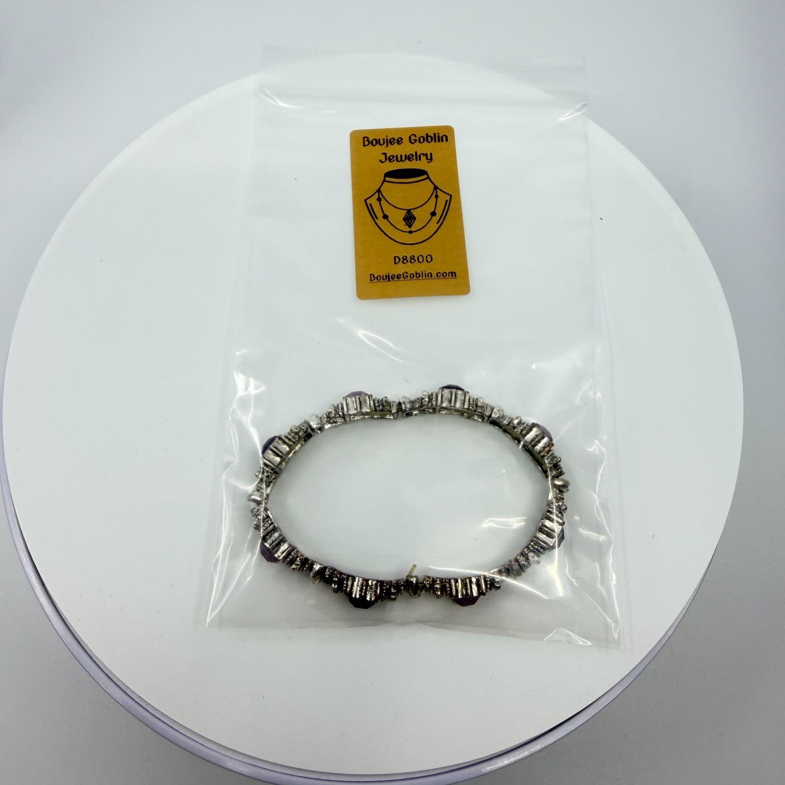 Vintage Y2K Silver Tone Purple Rhinestone Ornate Bali Style Stretch Bracelet - Thumbnail 11