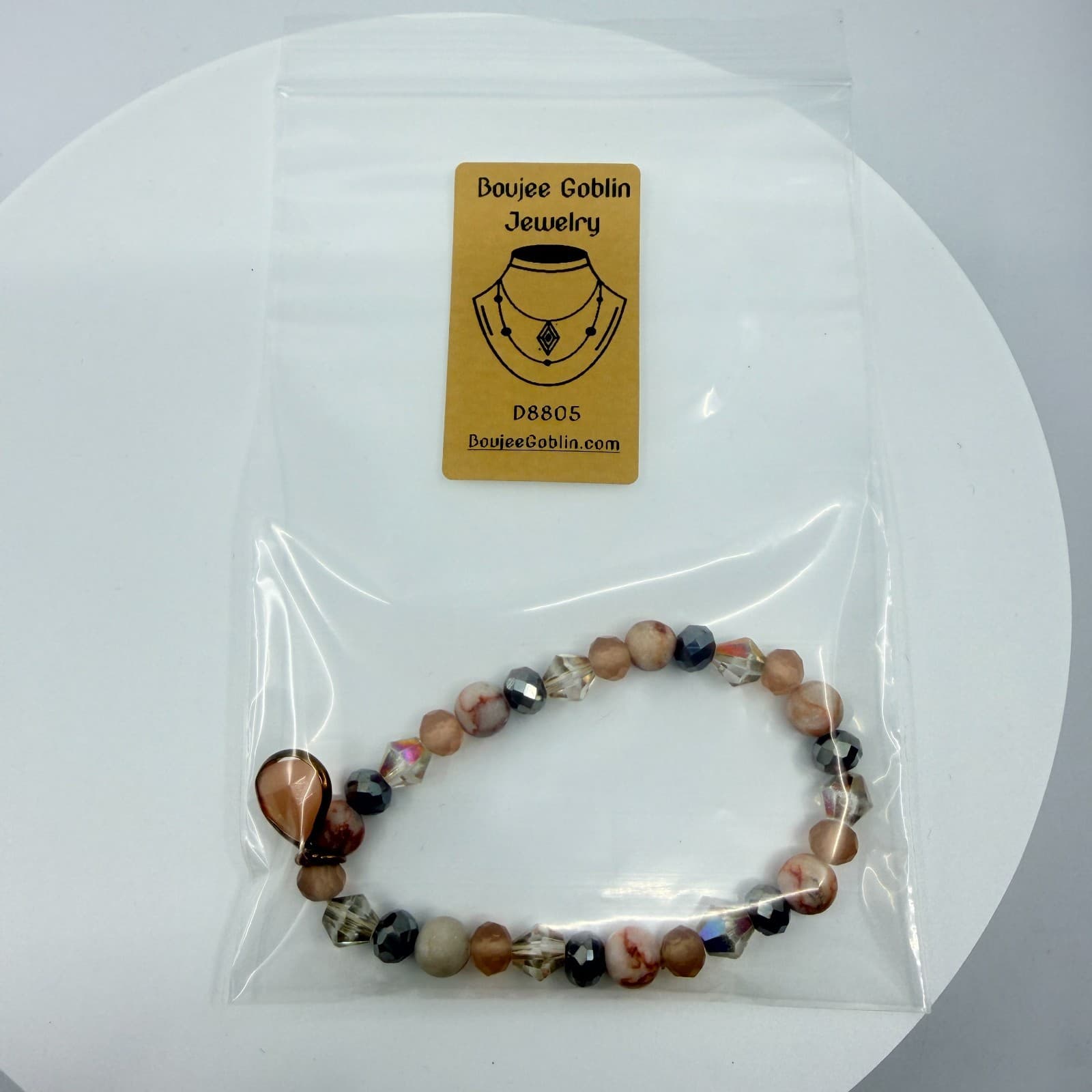 Vintage Peach Beaded Stretch Bracelet Faceted Crystal Teardrop Charm Boho Retro - Thumbnail 9