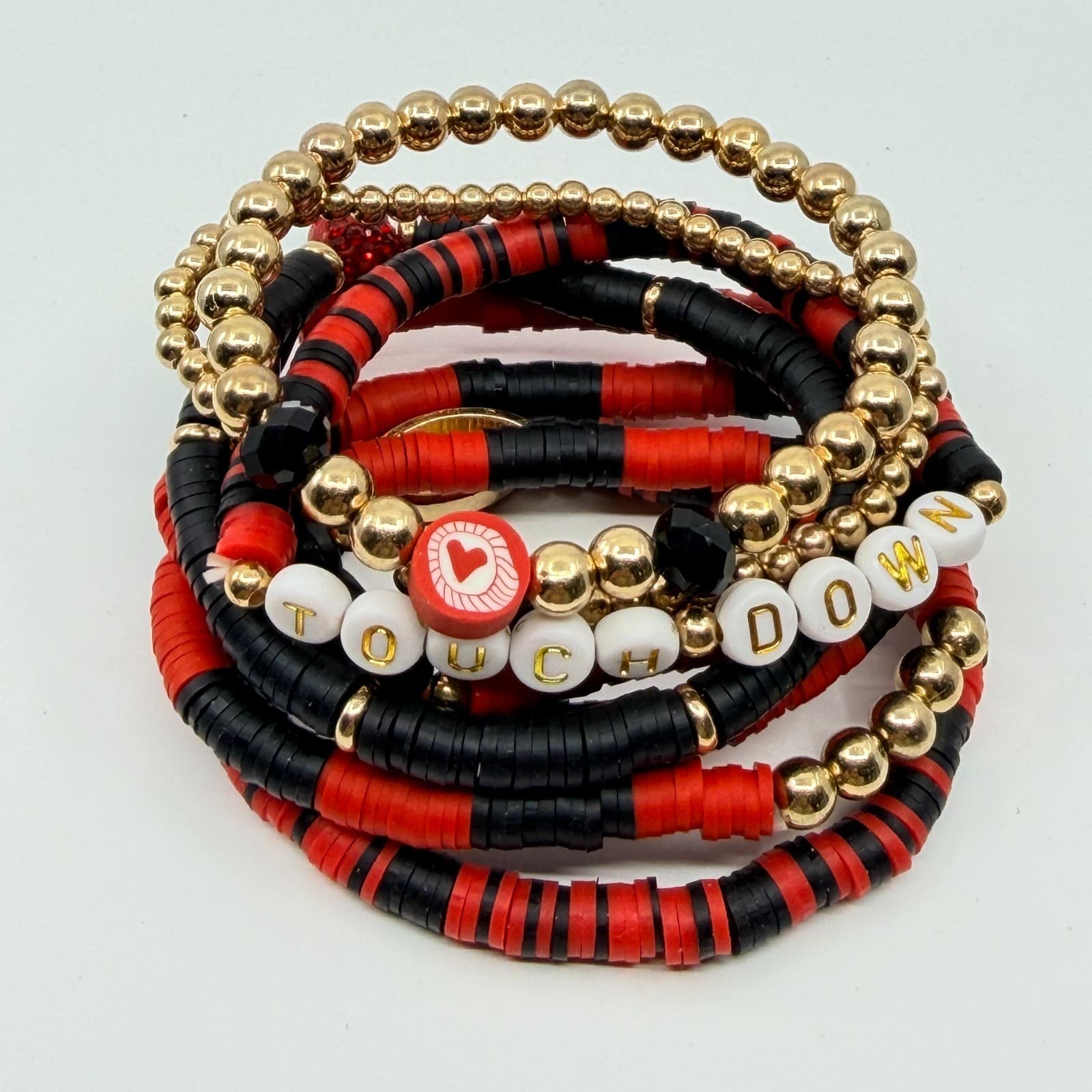 Vintage Game Day Football Touchdown Beaded Stretch Bracelets Red Black Stack Set - Thumbnail 4
