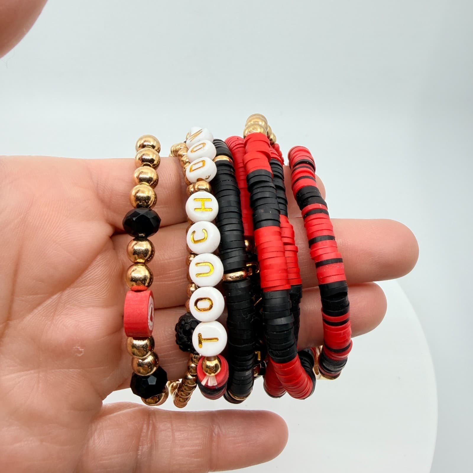 Vintage Game Day Football Touchdown Beaded Stretch Bracelets Red Black Stack Set - Thumbnail 10