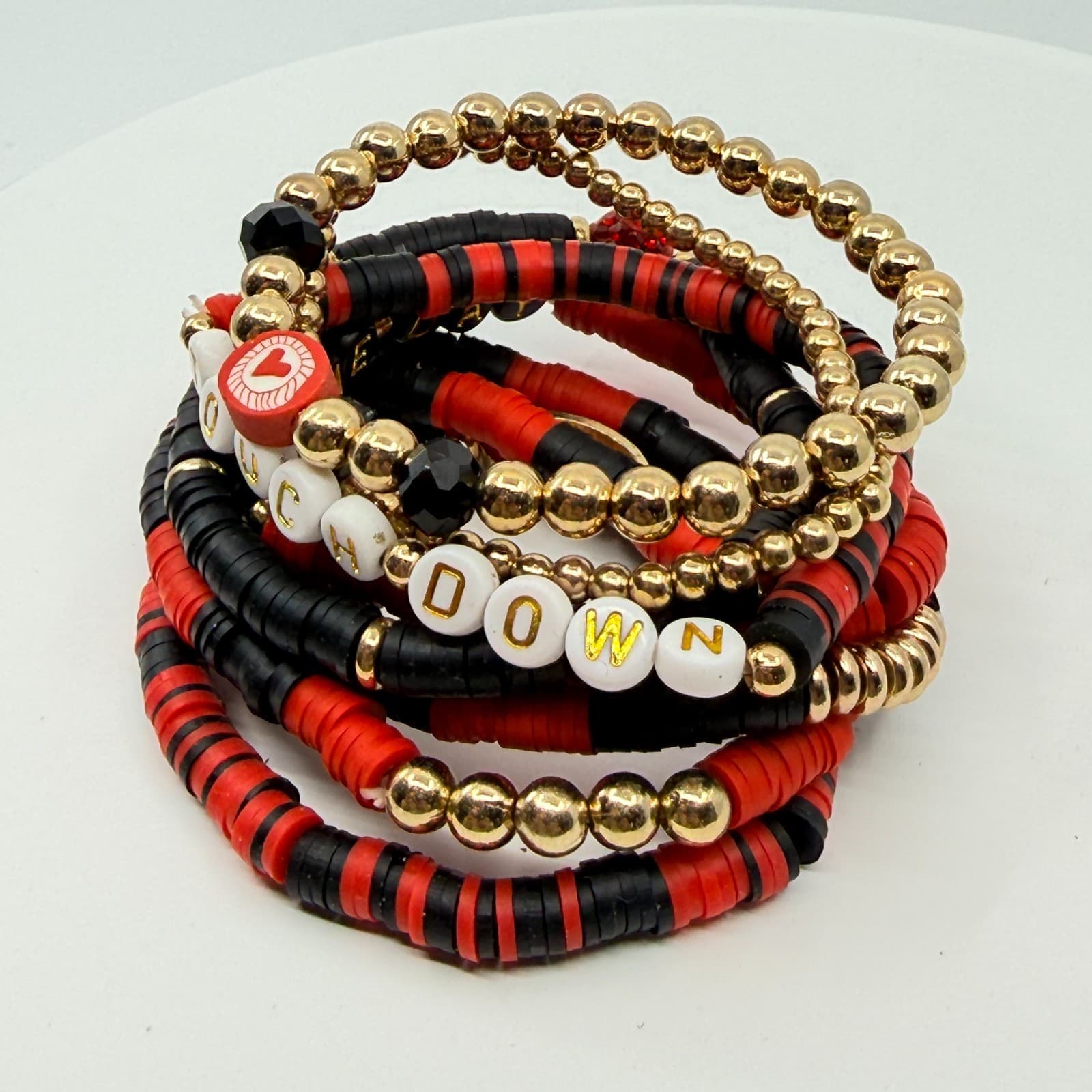 Vintage Game Day Football Touchdown Beaded Stretch Bracelets Red Black Stack Set - Thumbnail 7