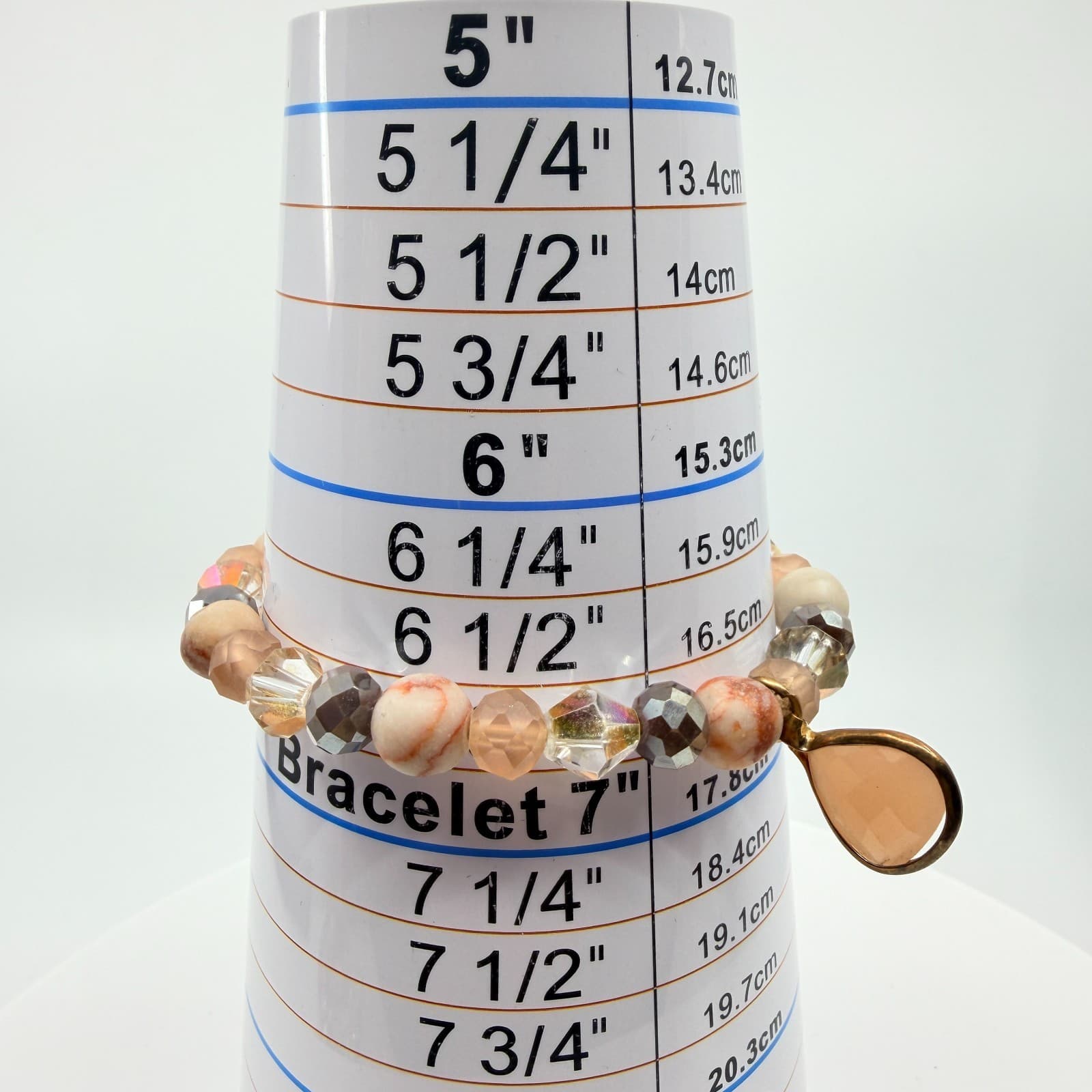 Vintage Peach Beaded Stretch Bracelet Faceted Crystal Teardrop Charm Boho Retro - Thumbnail 8