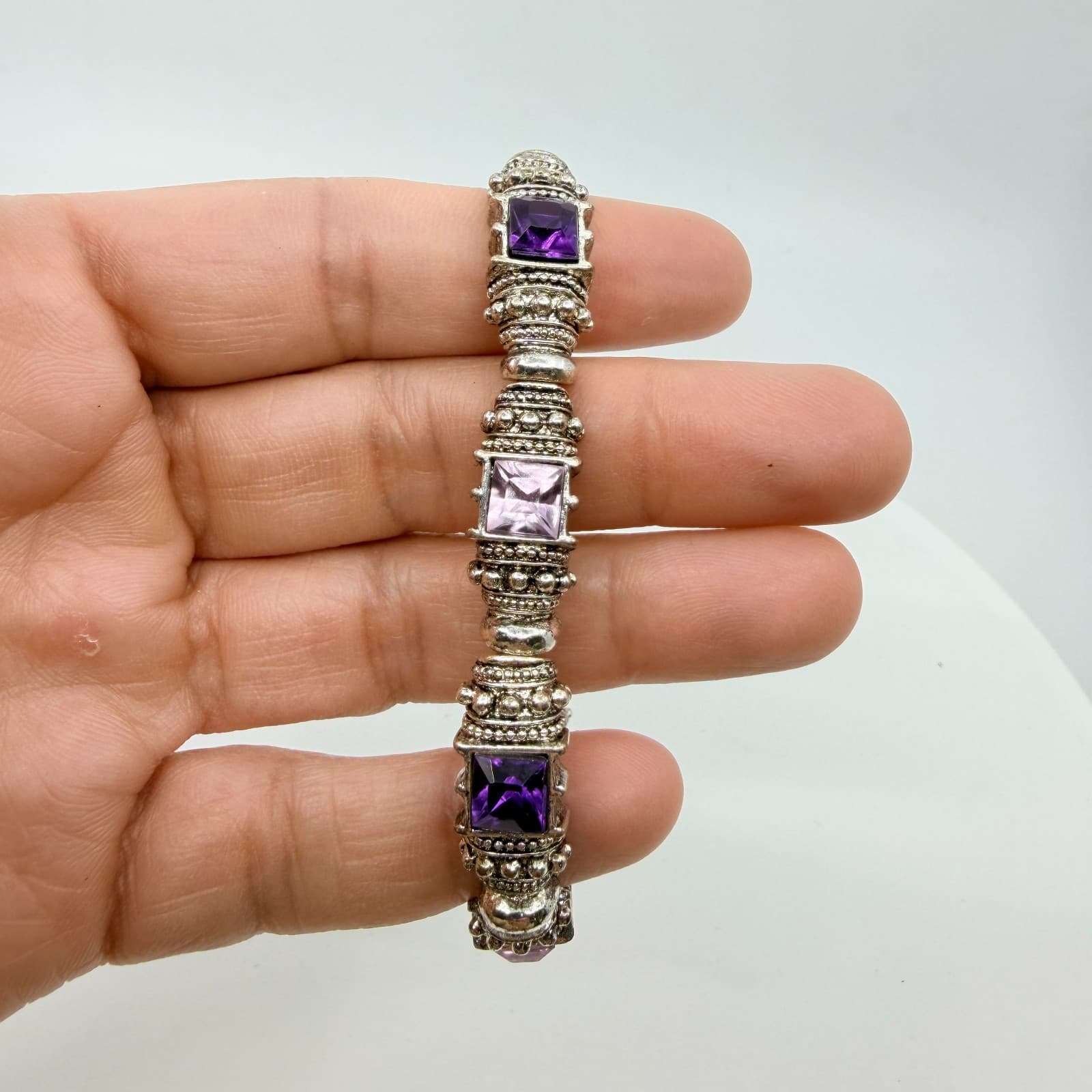 Vintage Y2K Silver Tone Purple Rhinestone Ornate Bali Style Stretch Bracelet - Thumbnail 9