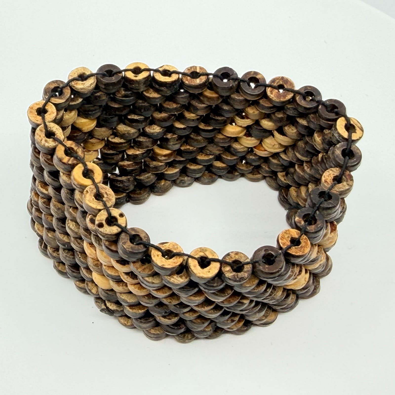Vintage Boho Wide Coconut Shell Beaded Multi Row Stretch Cuff Bracelet Classic - Thumbnail 7