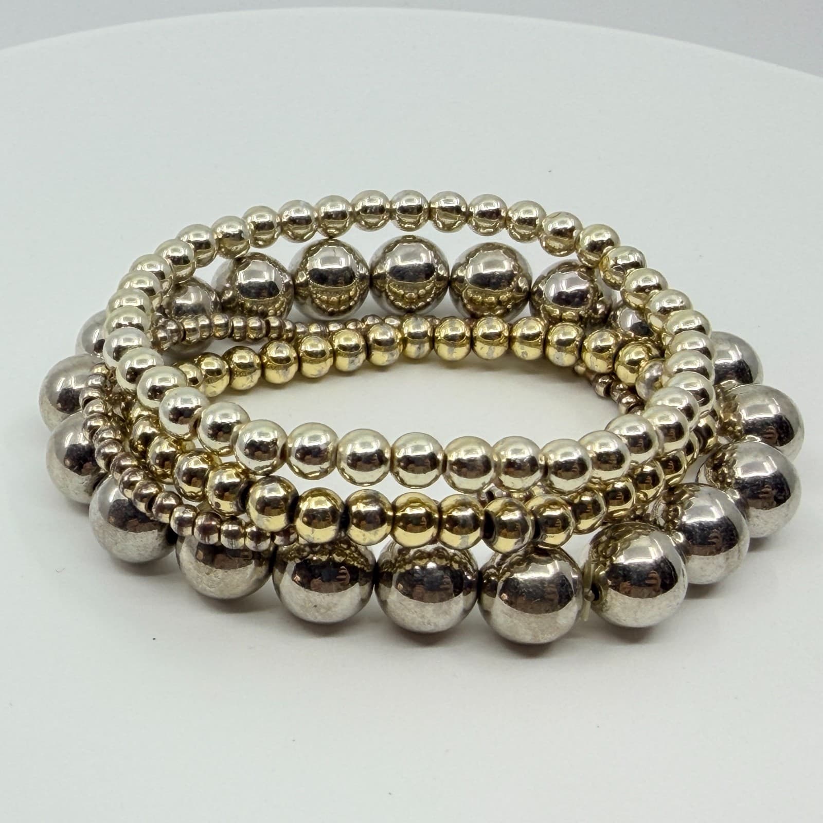 Vintage Y2K Silver & Gold Tone Ball Bead Stretch Stack Bracelets Set Boho Retro - Thumbnail 5