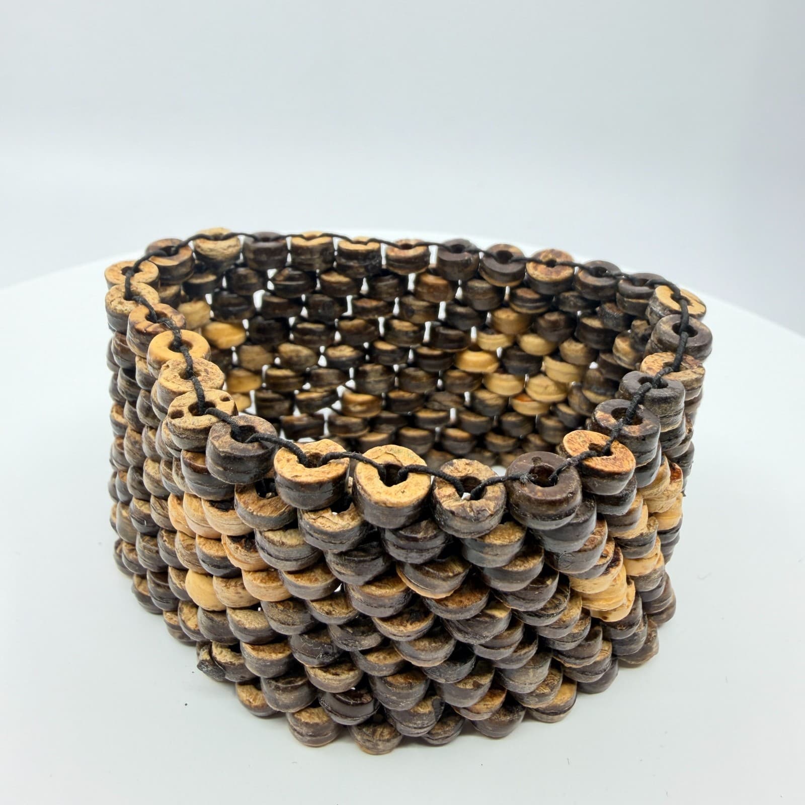 Vintage Boho Wide Coconut Shell Beaded Multi Row Stretch Cuff Bracelet Classic - Thumbnail 2