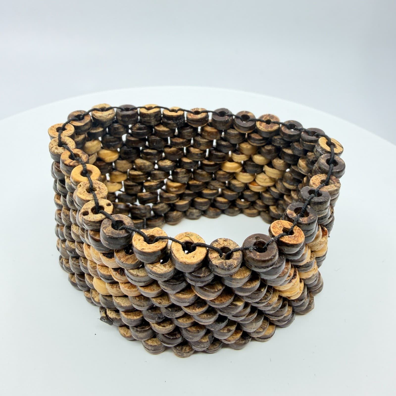 Vintage Boho Wide Coconut Shell Beaded Multi Row Stretch Cuff Bracelet Classic - Thumbnail 3