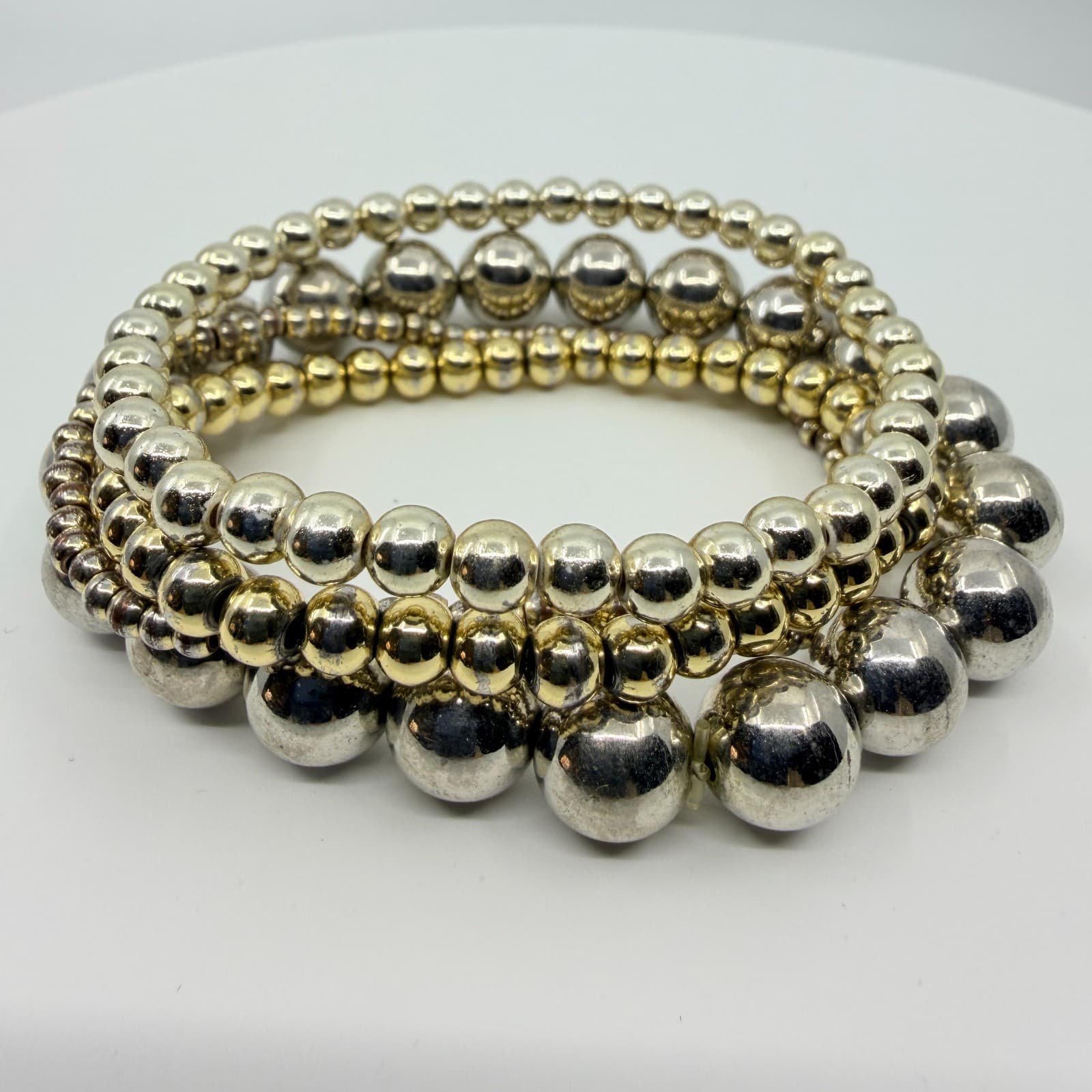 Vintage Y2K Silver & Gold Tone Ball Bead Stretch Stack Bracelets Set Boho Retro - Thumbnail 3