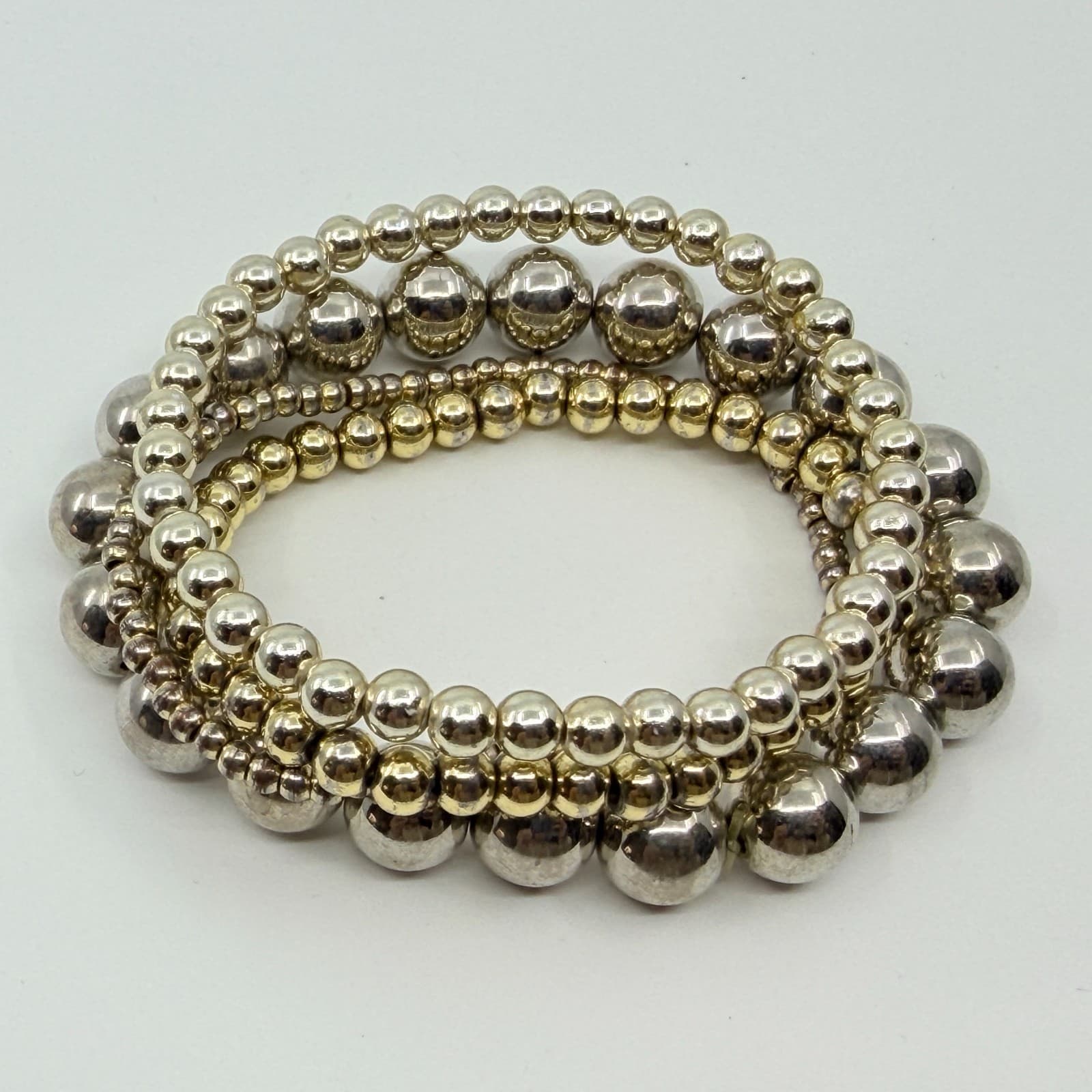 Vintage Y2K Silver & Gold Tone Ball Bead Stretch Stack Bracelets Set Boho Retro - Thumbnail 6